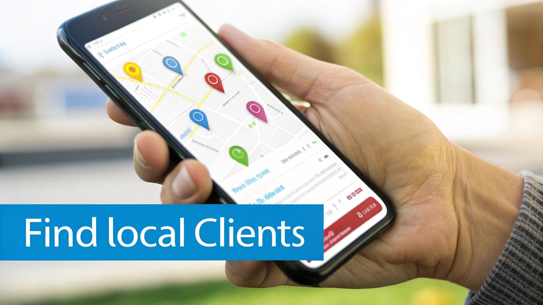 Hand holding a smartphone displaying a map app with colorful location pins, promoting 'Find local Clients'.