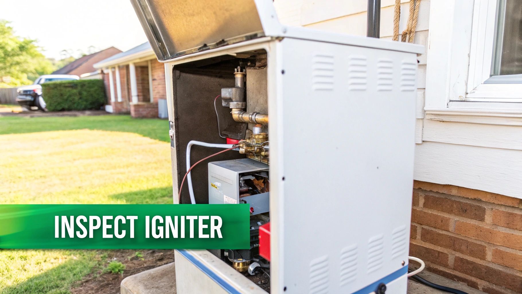 An open outdoor furnace or utility unit with internal pipes and wiring visible, next to a house wall.