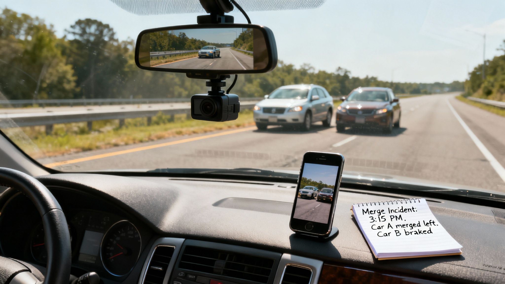 Dashcam view from inside a car, showing a phone displaying traffic and notes about a merge incident.