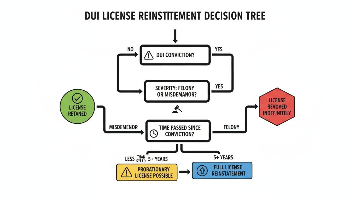 A DUI license reinstatement decision tree flowchart outlining steps for getting a license back.