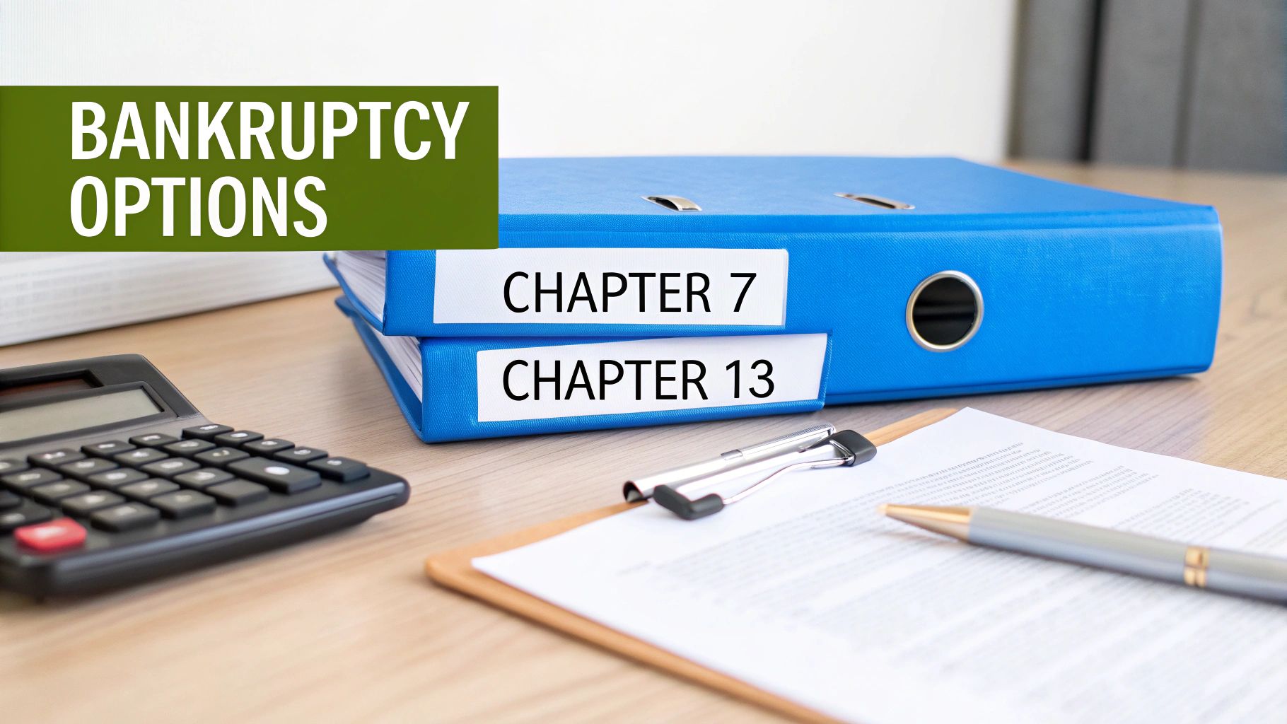 Desk with 'BANKRUPTCY OPTIONS' text, binders labeled 'CHAPTER 7' and 'CHAPTER 13', a calculator, and documents.