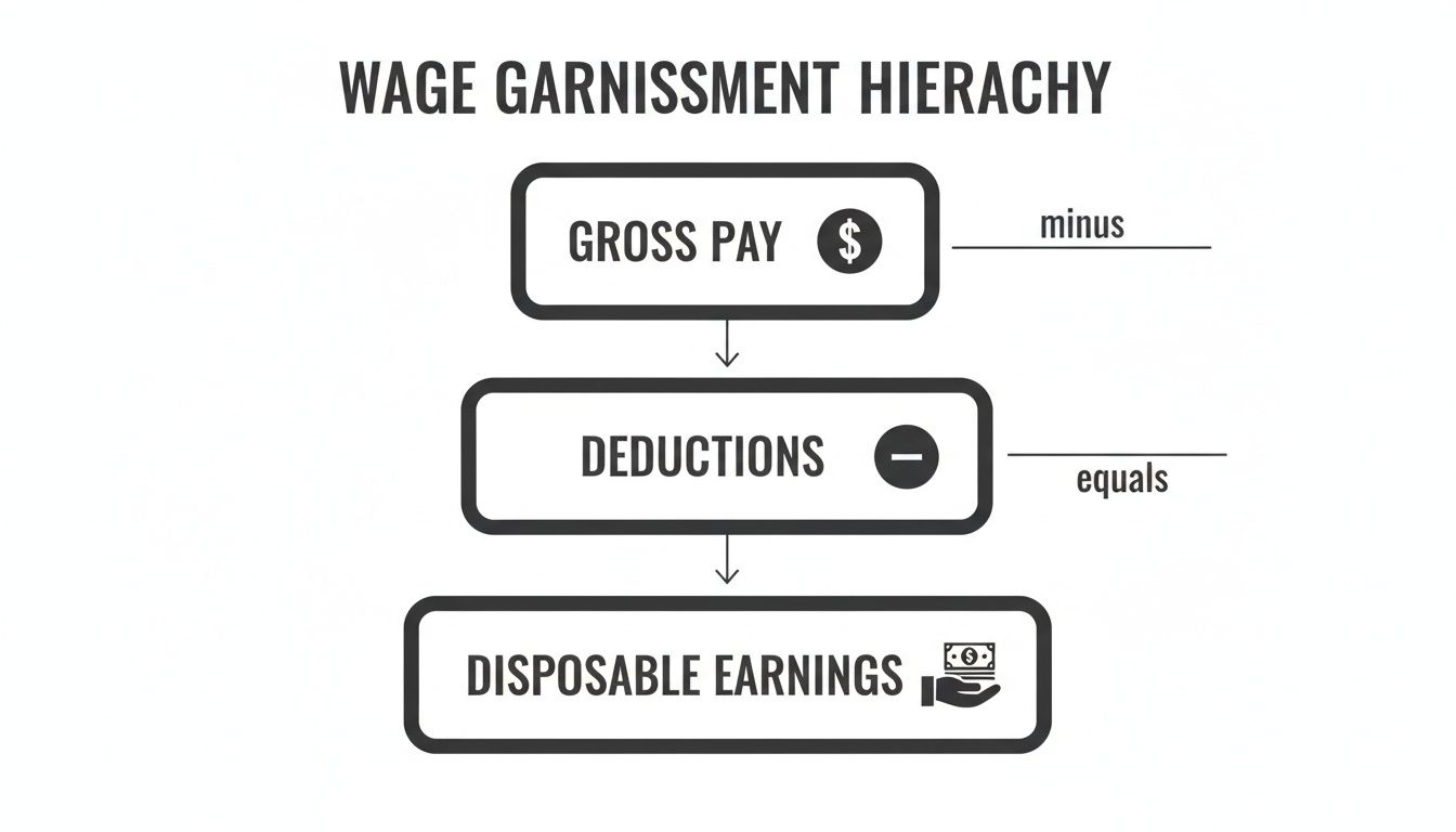 Diagram illustrating the calculation of disposable earnings for wage garnishment from gross pay and deductions.