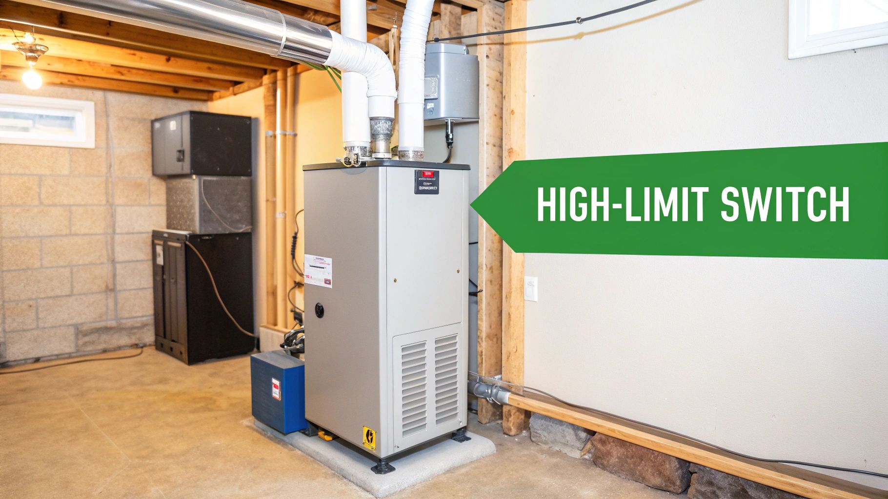 A gray furnace in a basement, with a green arrow pointing to its high-limit switch.