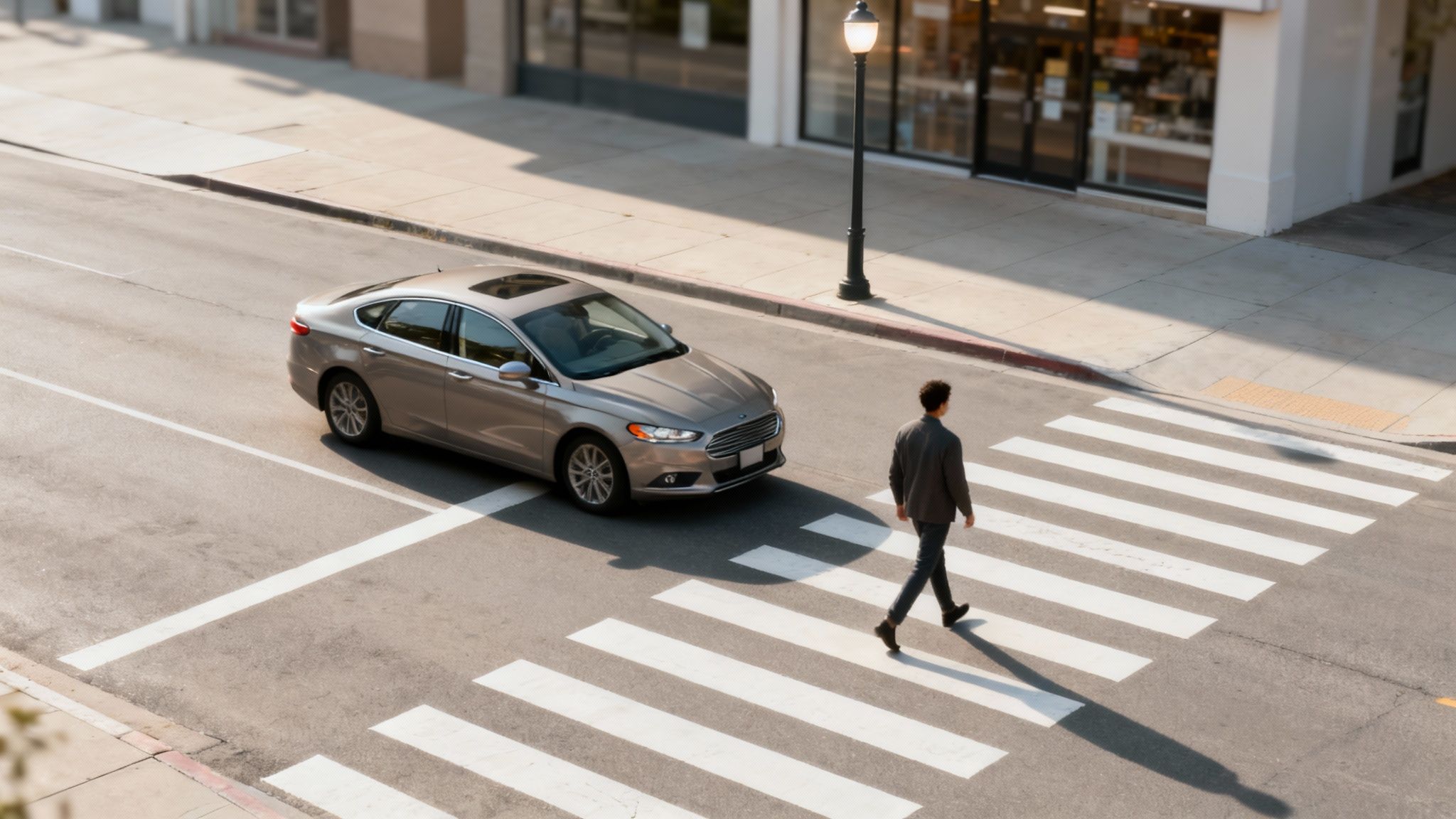 Overhead view of a man walking in a crosswalk as a car waits on the street.
