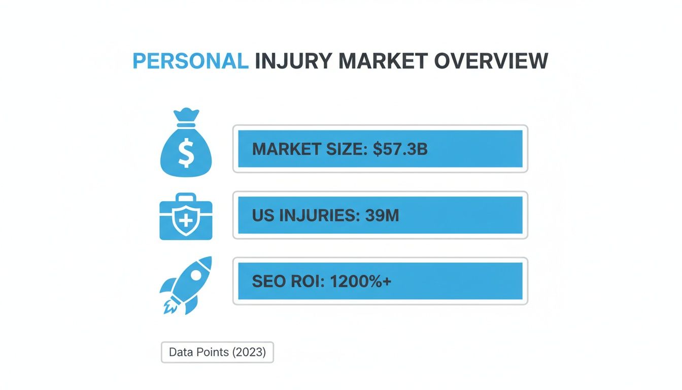 Personal injury market overview showing 2023 statistics: market size $57.3B, US injuries 39M, and SEO ROI 1200%+