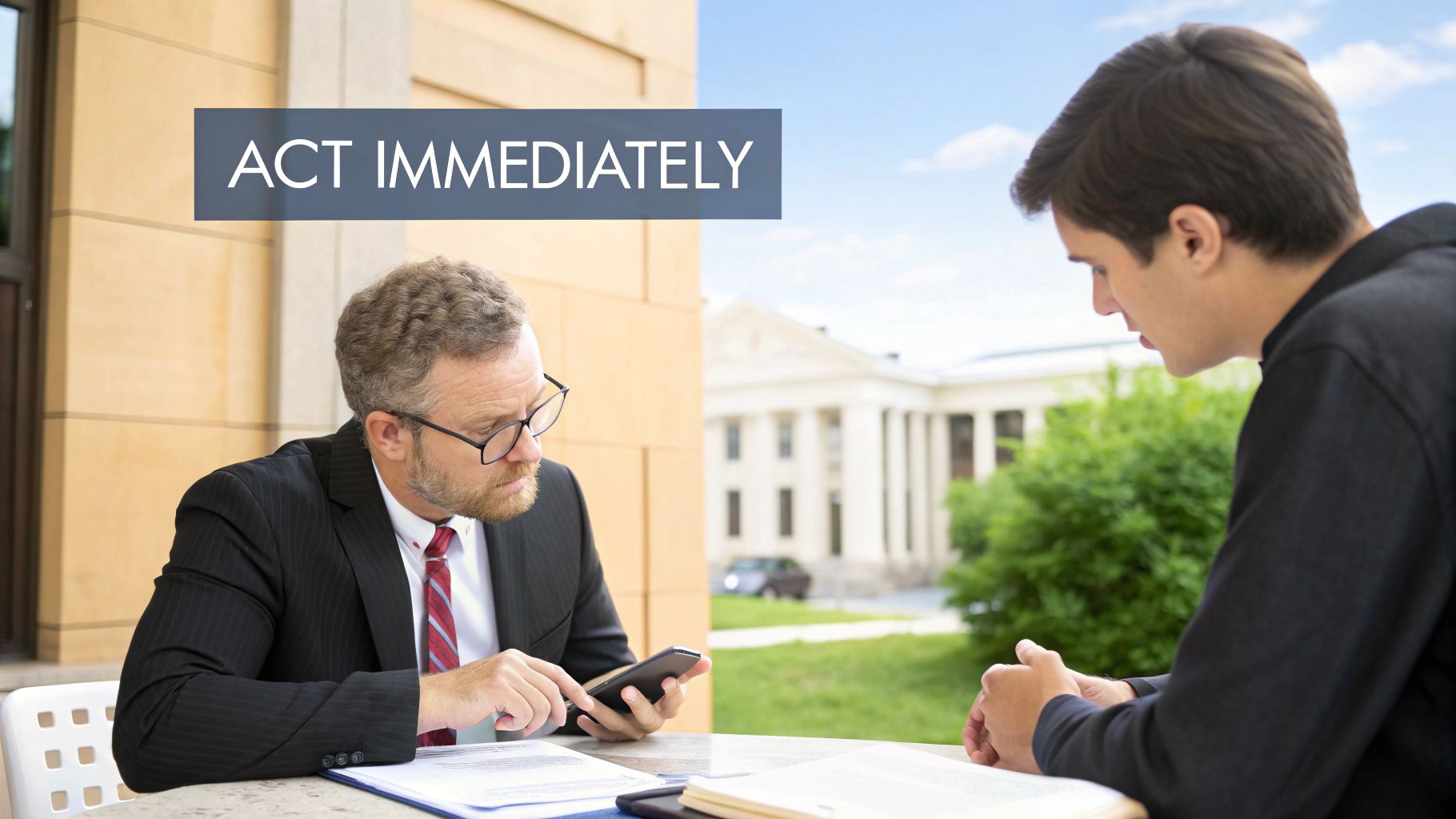 A professional man in a suit uses his phone while consulting with a younger man outdoors, next to a building.
