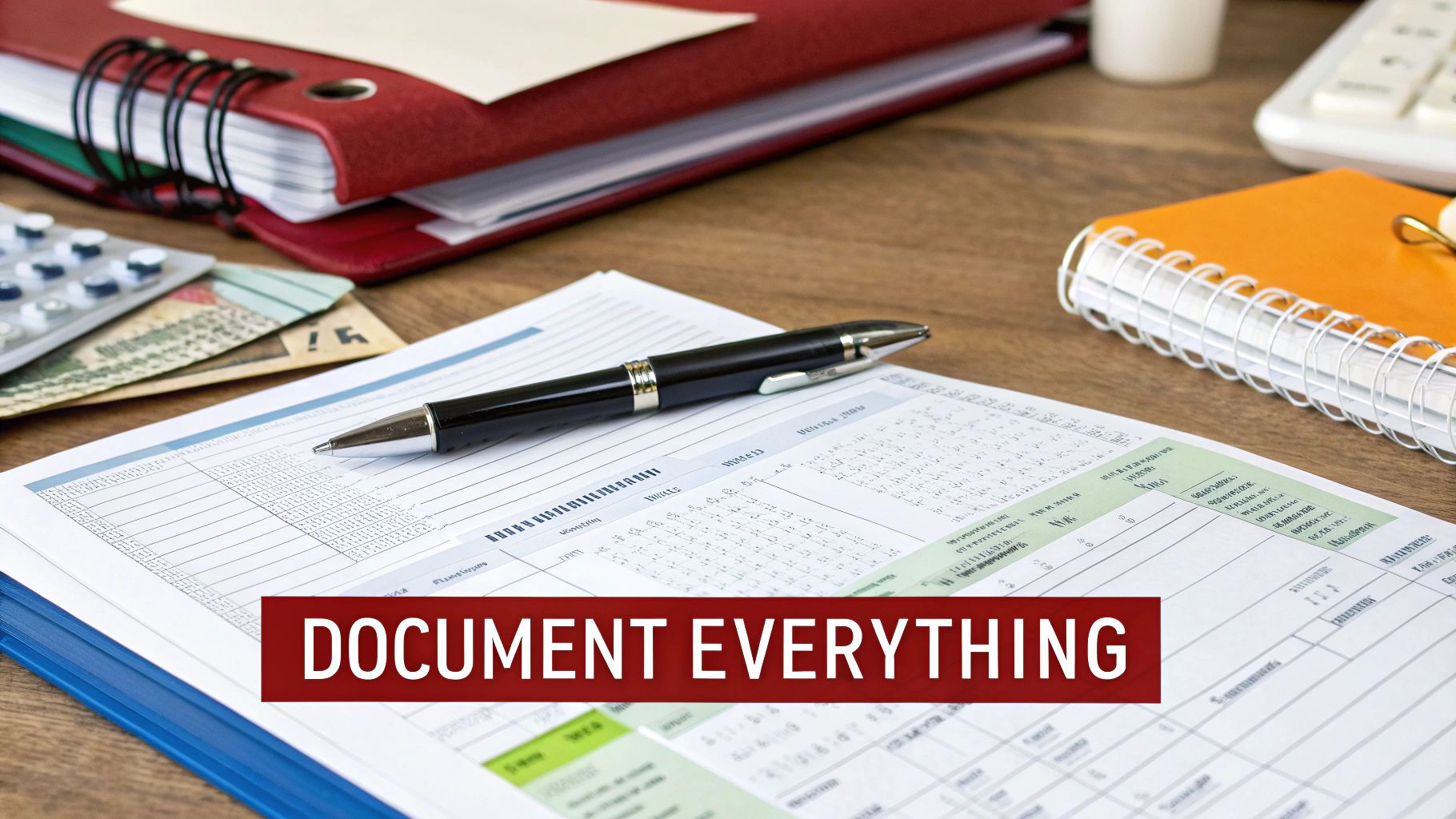 Desk with financial papers, a pen, red binder, and an orange notebook, with 'DOCUMENT EVERYTHING' overlay.