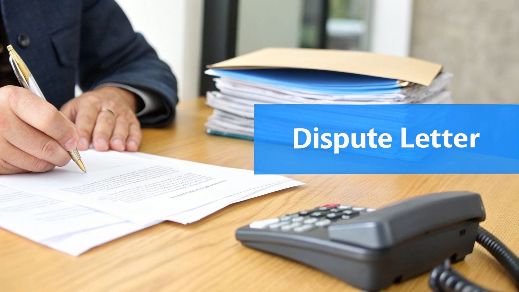 Person in a suit writing a dispute letter with a pen on a desk with paperwork and a phone.
