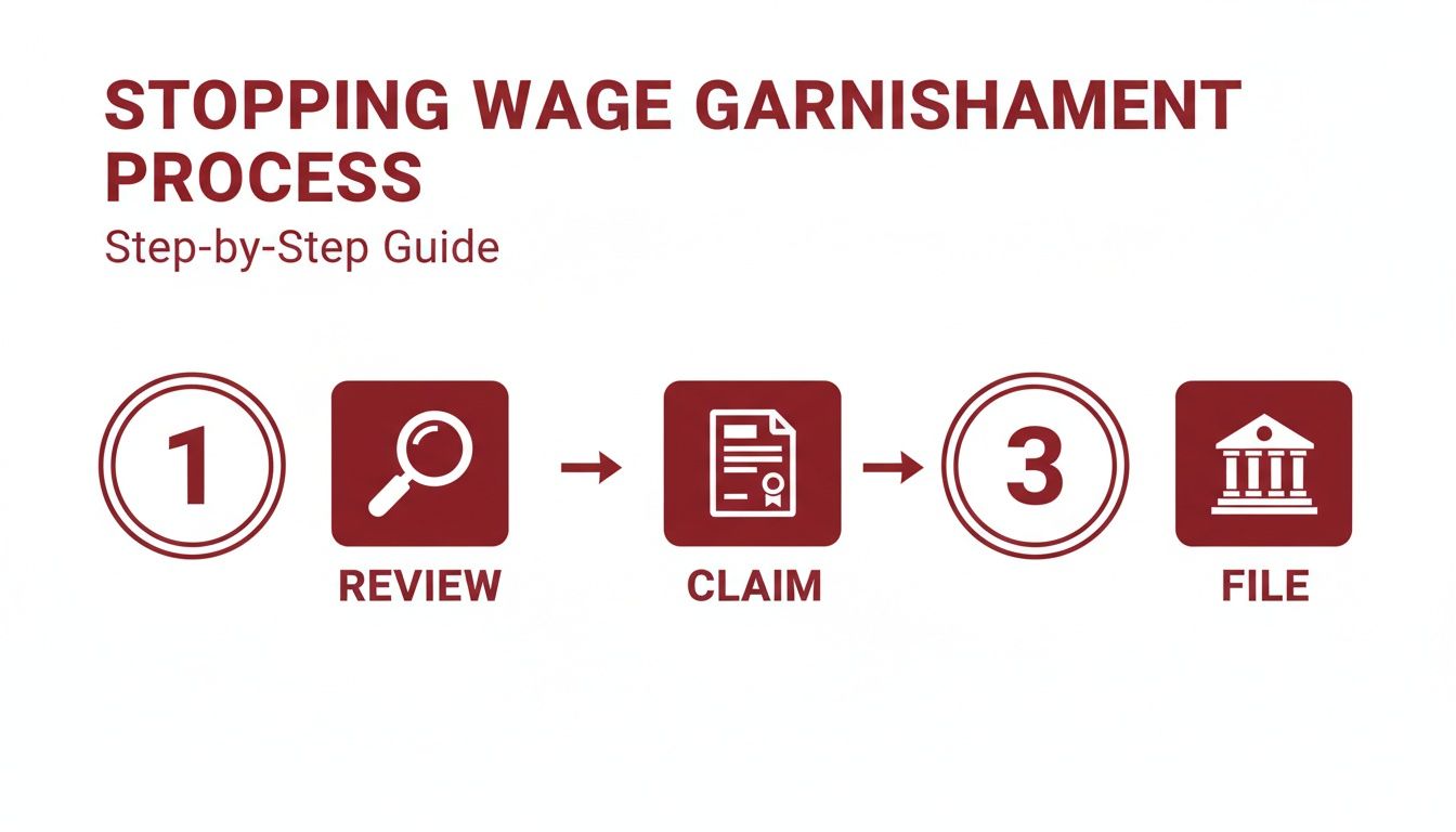 Visual guide outlining the process to stop wage garnishment with steps to review, claim, and file.