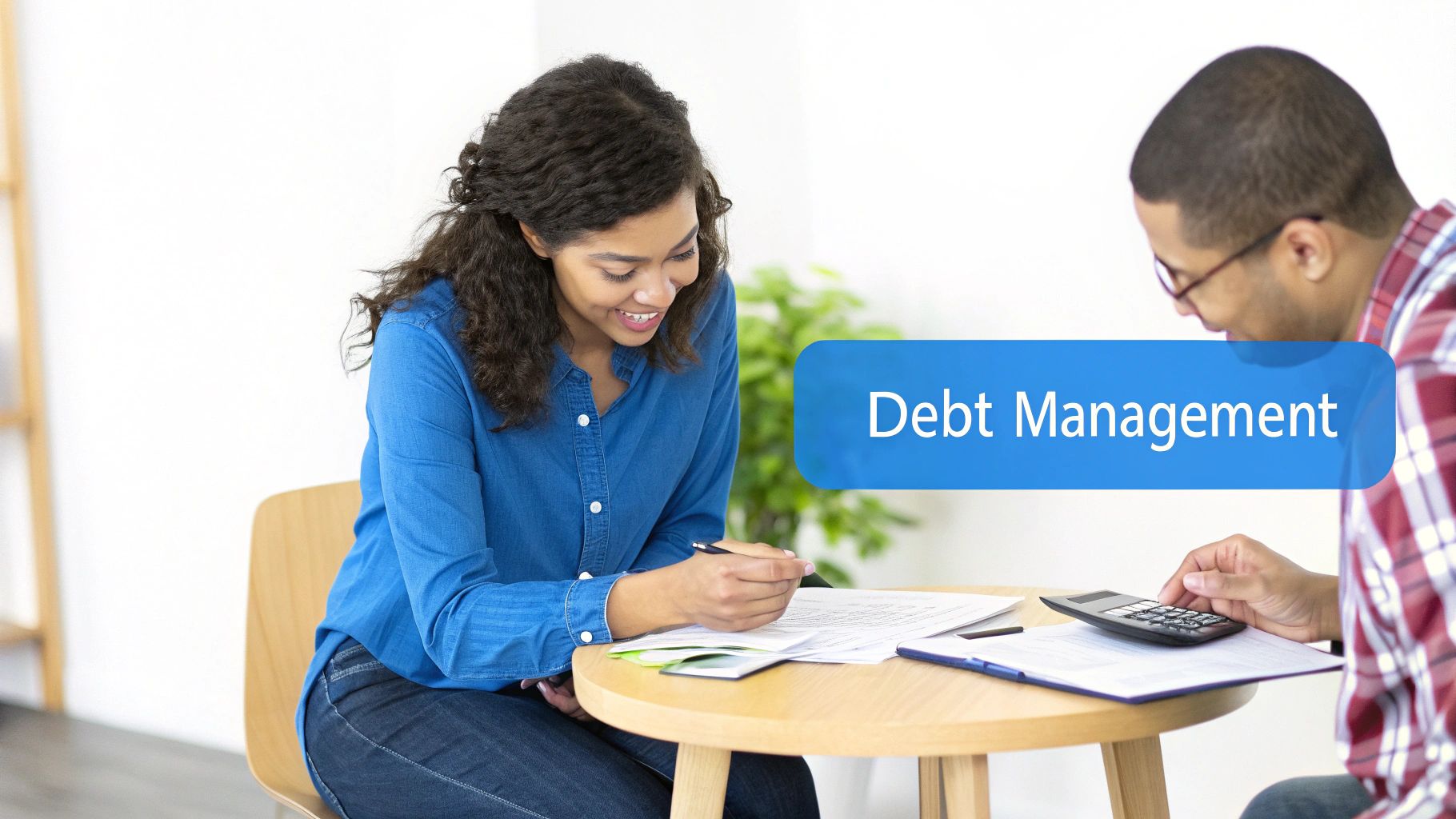 Smiling woman and man reviewing documents and using a calculator for debt management.