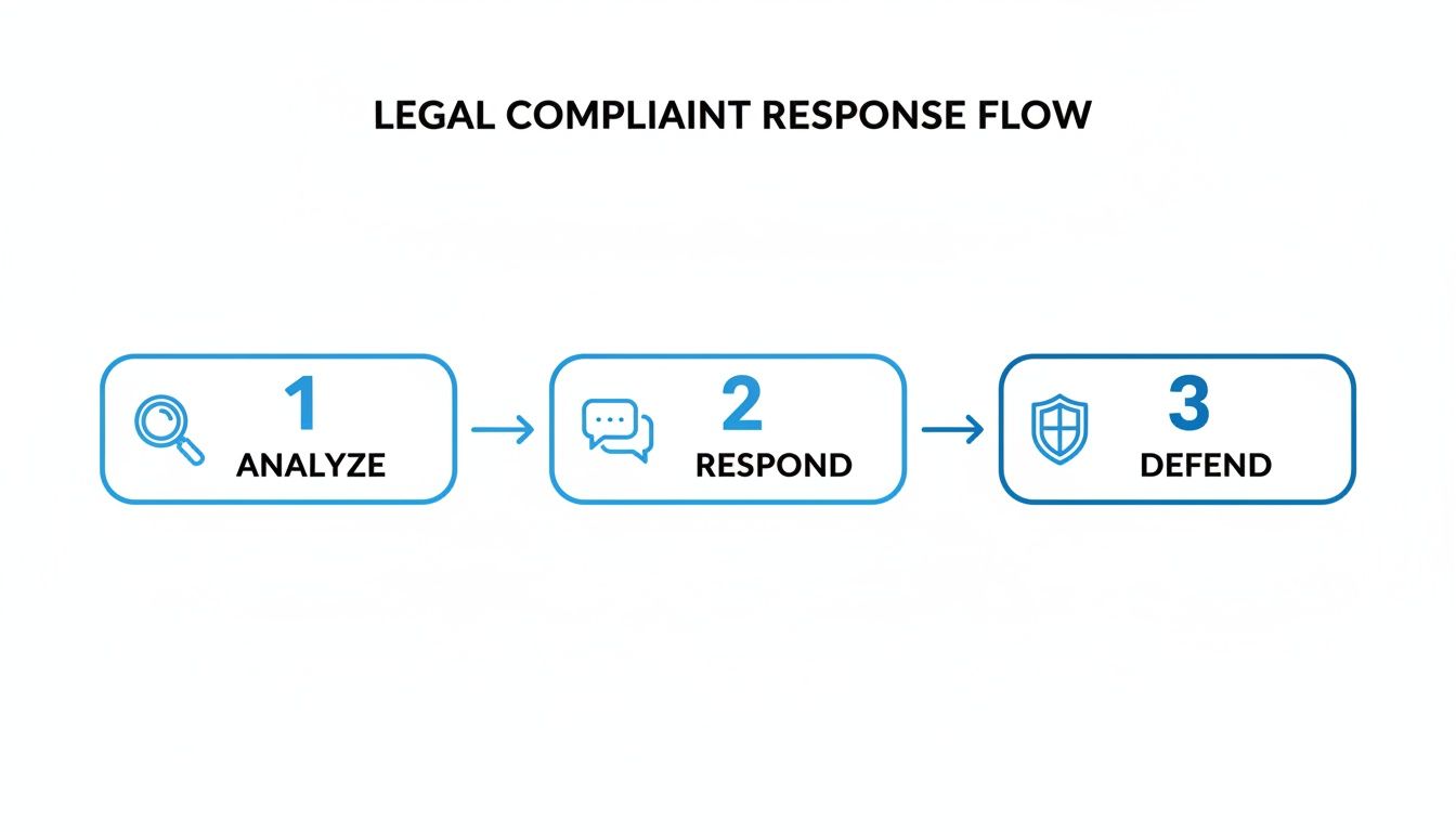 Flowchart illustrating the three-step legal complaint response process: analyze, respond, and defend.