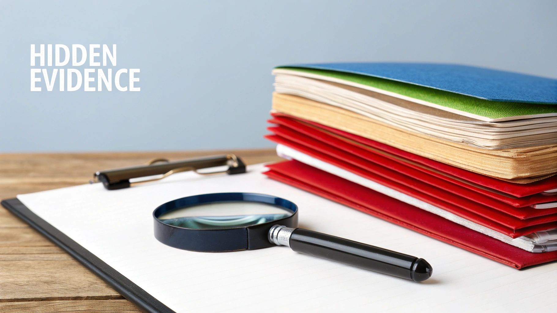 A magnifying glass, pen, and stacked legal files on a wooden desk, with 'HIDDEN EVIDENCE' text.