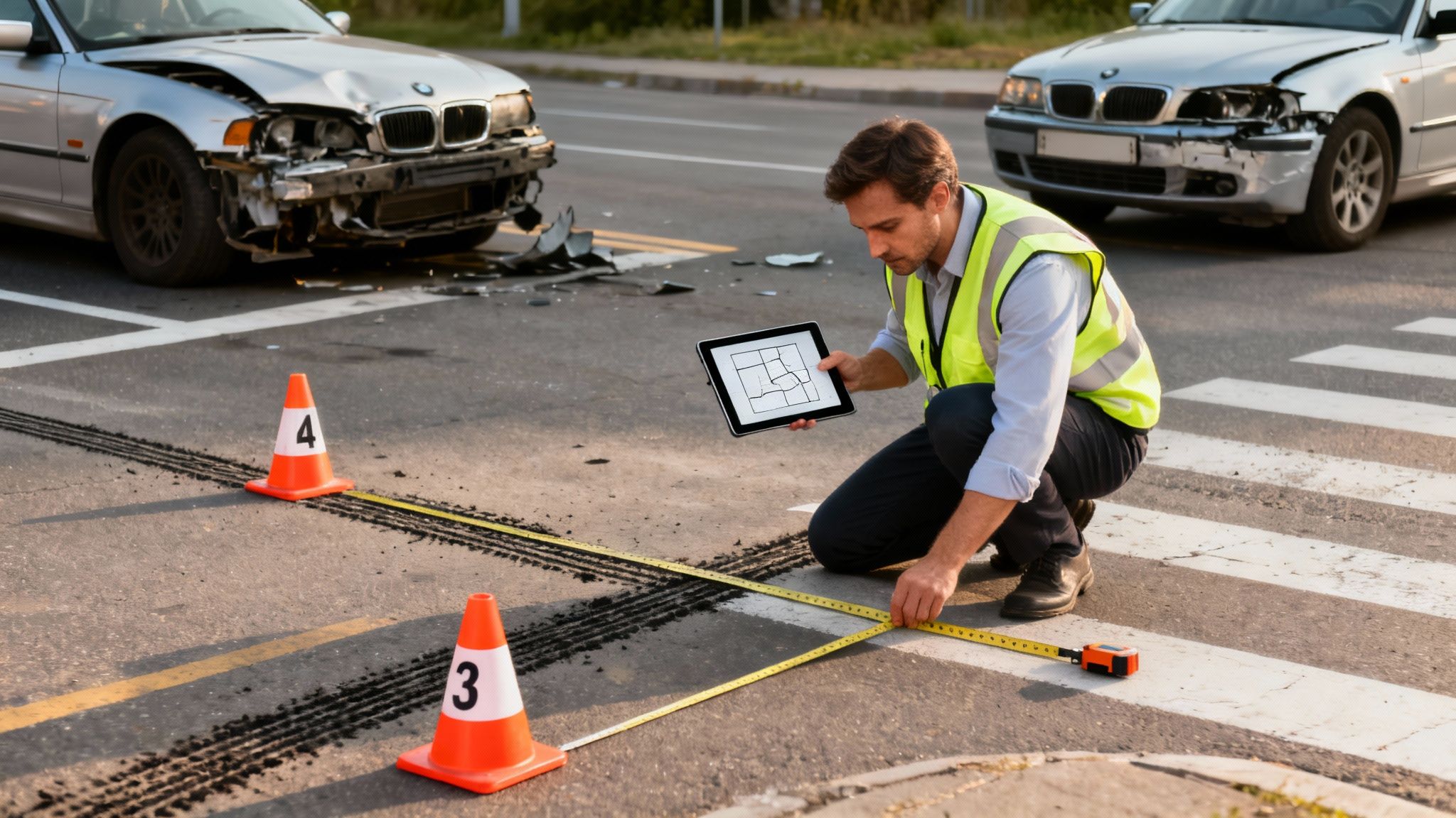 An accident investigator in a high-vis vest measures tire marks at a car crash site with damaged cars.
