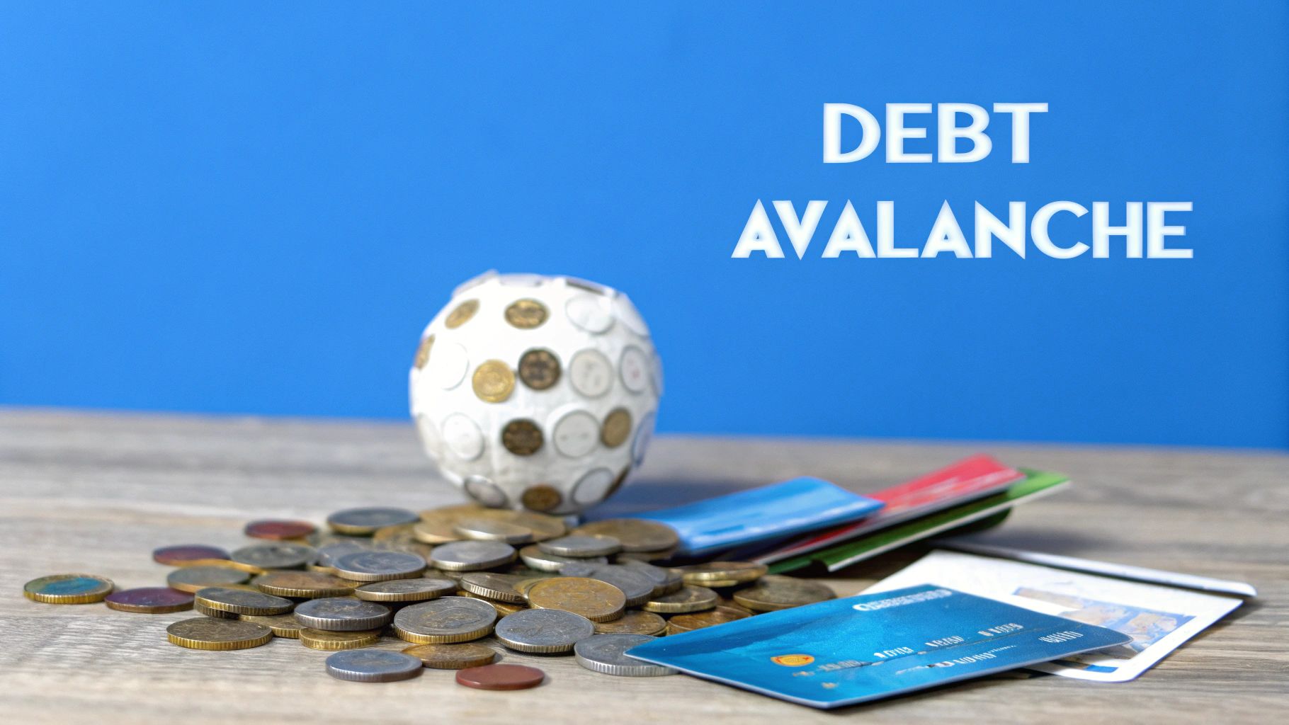 A white ball with coins, credit cards, and a pile of coins, with 'DEBT AVALANCHE' text.