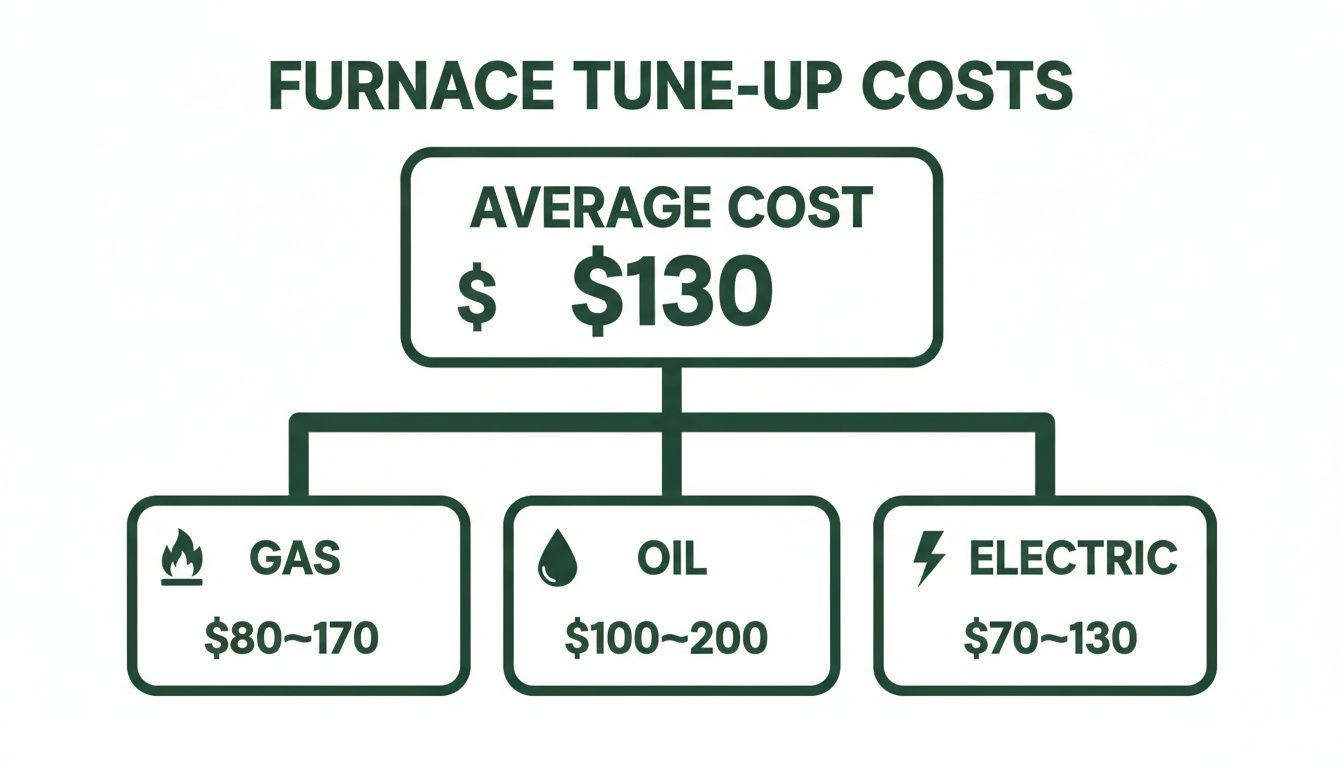 Flowchart illustrating furnace tune-up costs, including an average of $130 and specific costs for gas, oil, and electric furnaces.