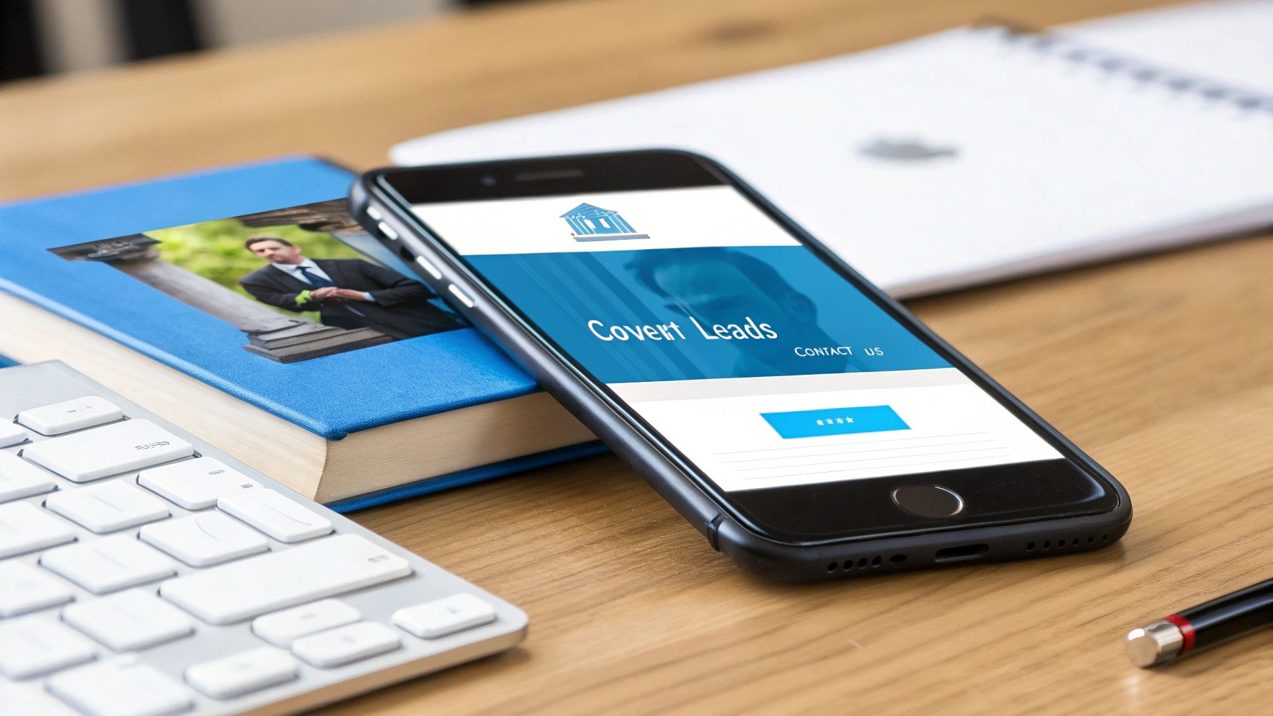 A smartphone displaying 'Covert Leads' website rests on a blue book with a man's photo, alongside a keyboard and pen on a wooden desk.