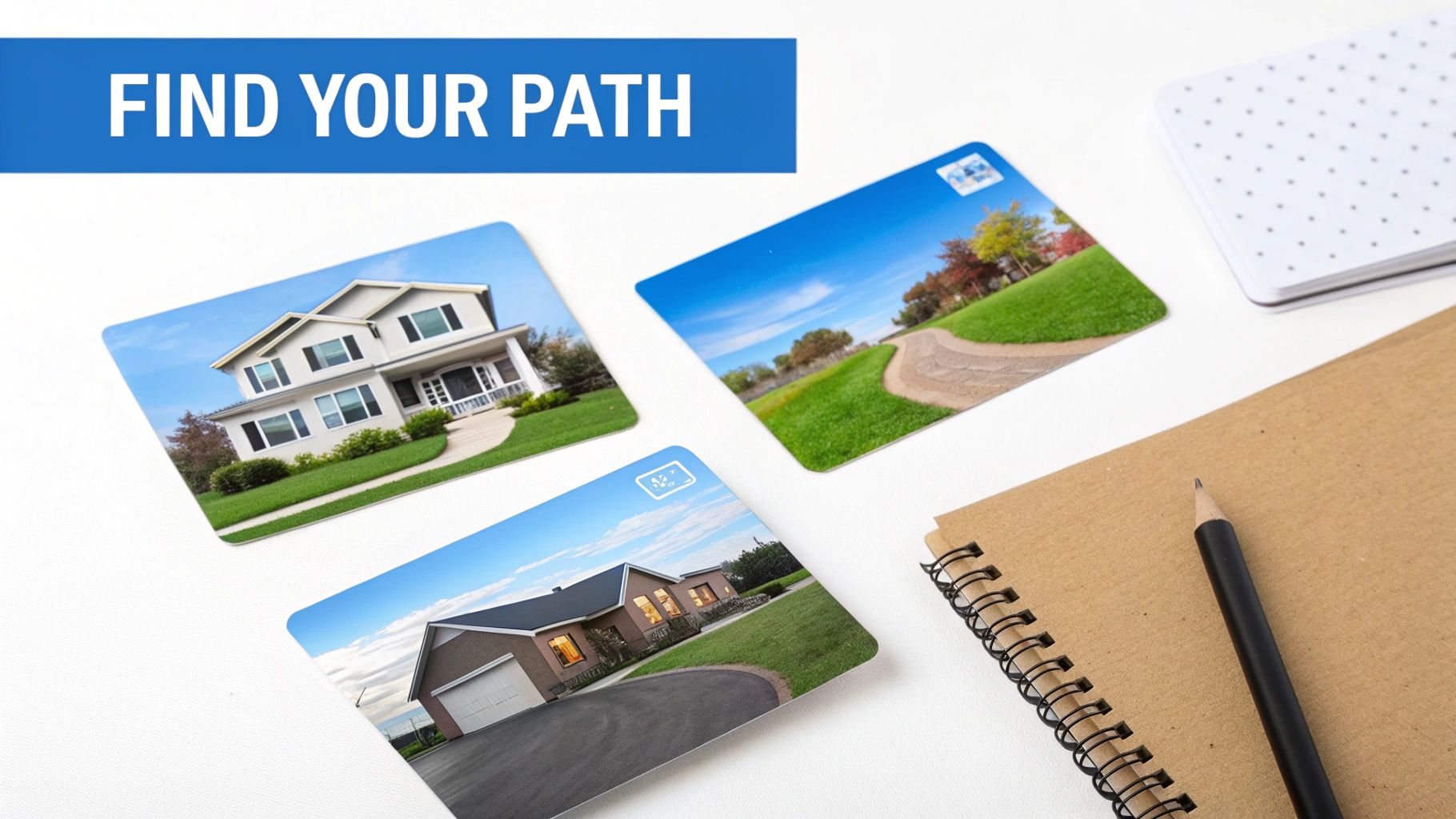Cards displaying different houses and a winding path, with notebooks and a pencil, symbolizing life choices.