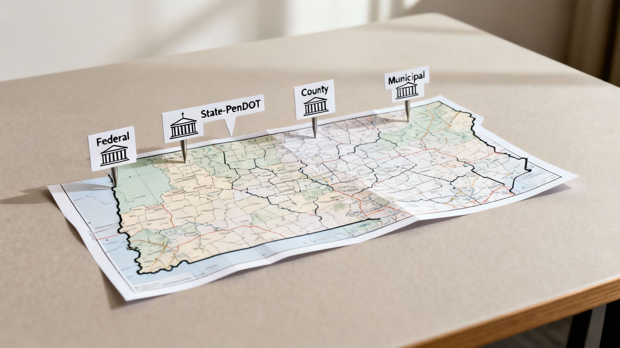 A map of Pennsylvania with pins labeling Federal, State-PenDOT, County, and Municipal government levels.