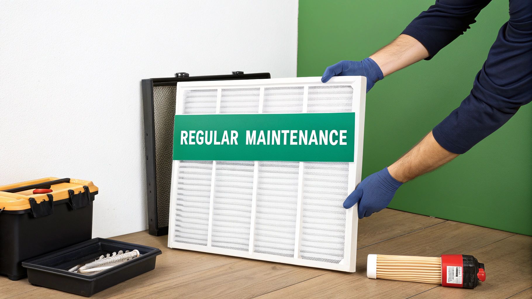 A person wearing blue gloves holds a new air filter labeled 'REGULAR MAINTENANCE' next to a toolbox.
