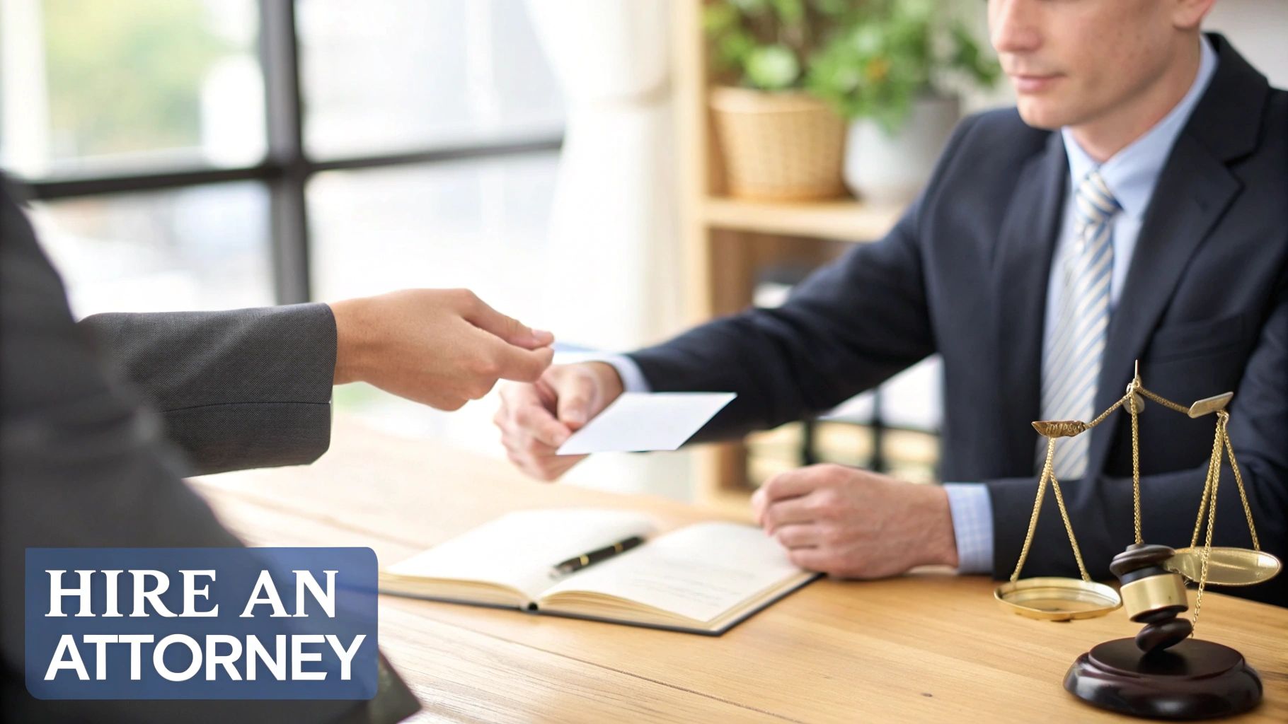 An attorney in a suit hands a business card to a client across a desk with scales of justice.