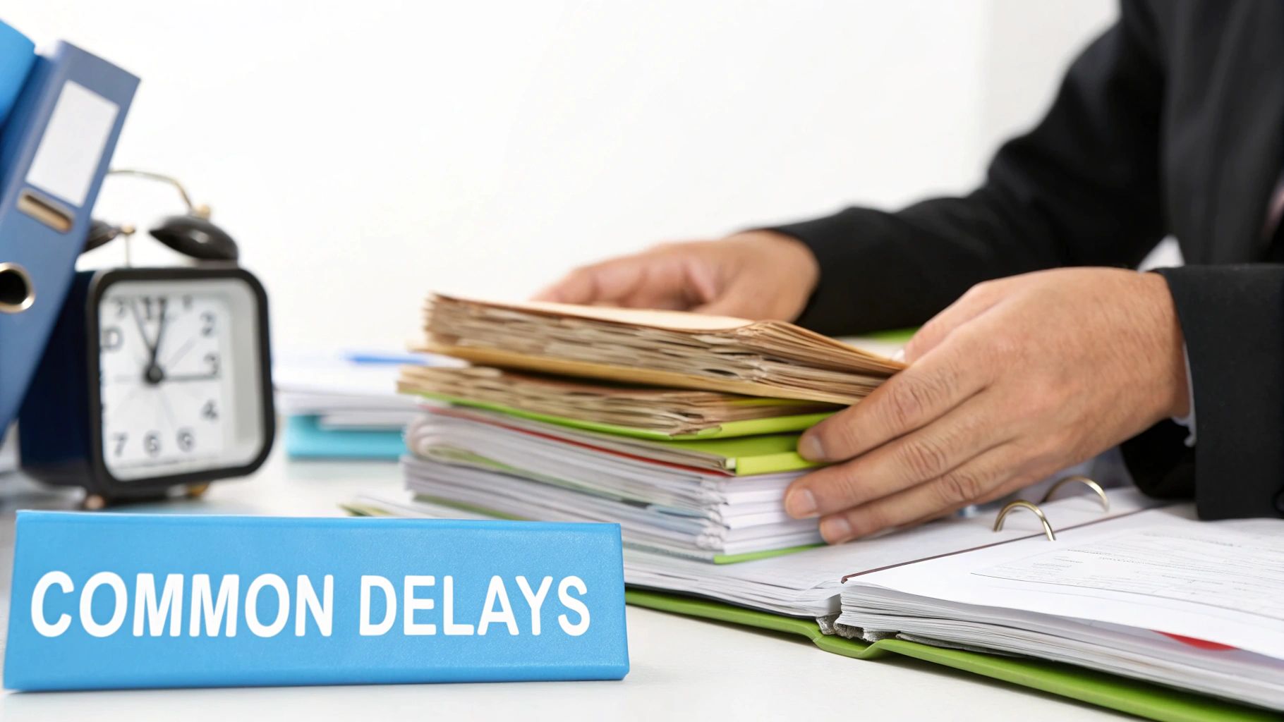 A person sorts through stacks of files and documents on a desk with an alarm clock and a binder labeled "COMMON DELAYS."