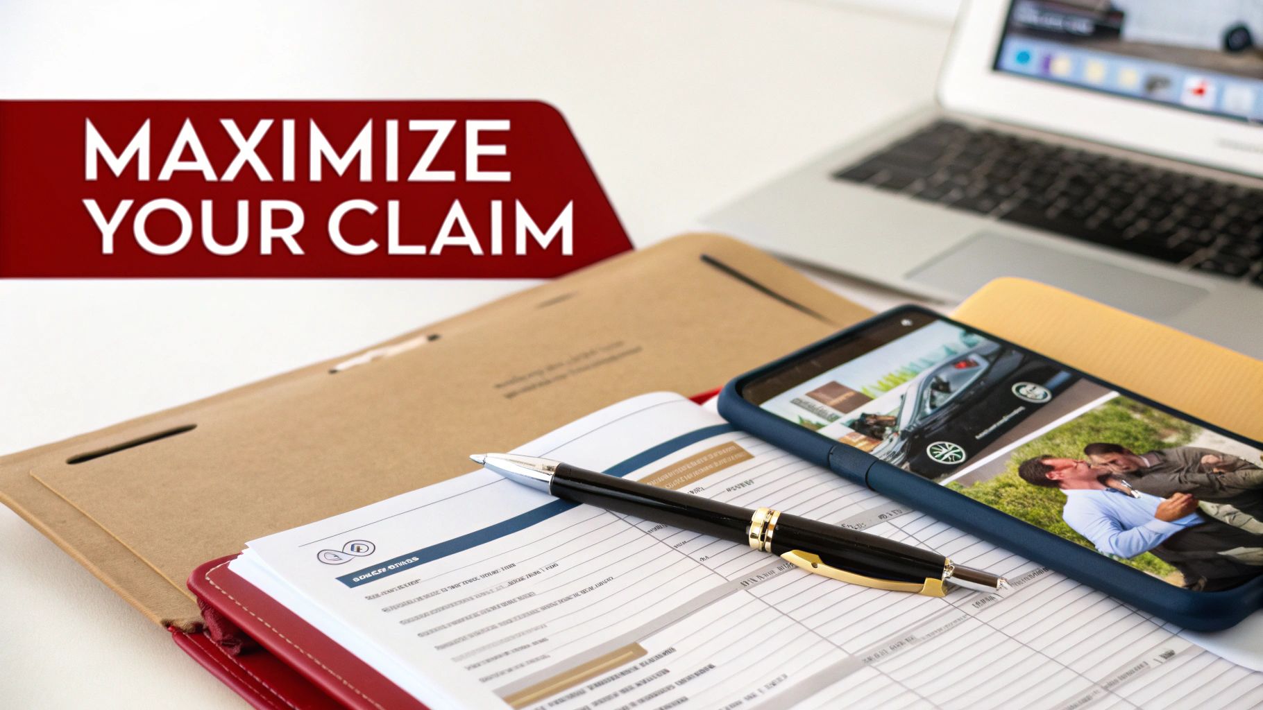 Desk scene with "MAXIMIZE YOUR CLAIM" banner, claim documents, pen, smartphone showing accident images, and laptop.