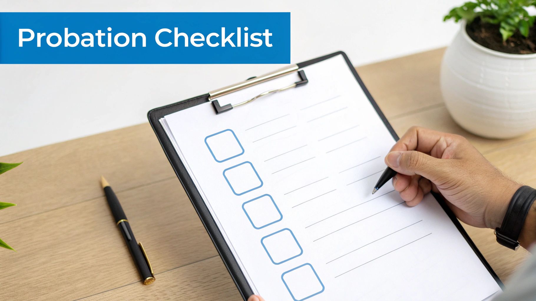 La mano de una persona con un bolígrafo sobre una “Lista de verificación de libertad condicional” en un portapapeles, lista para marcar tareas.