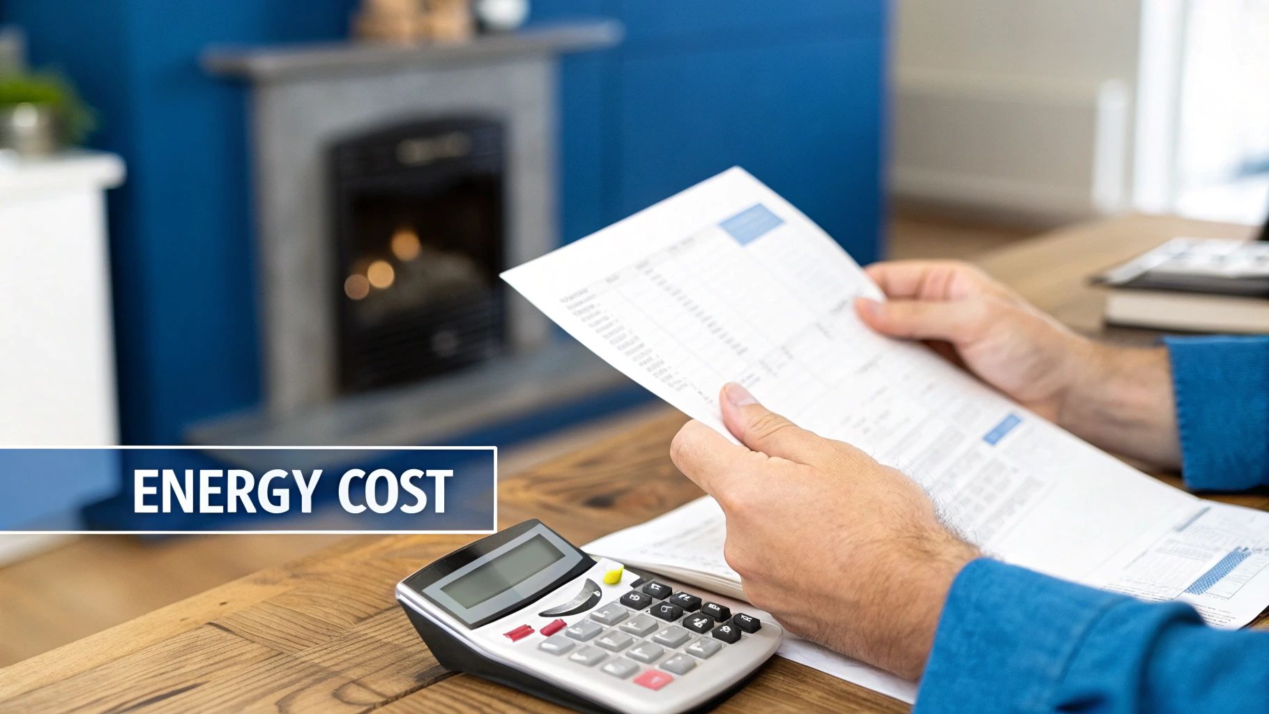 A person reviews an energy bill with a calculator on a wooden table, focusing on rising costs.
