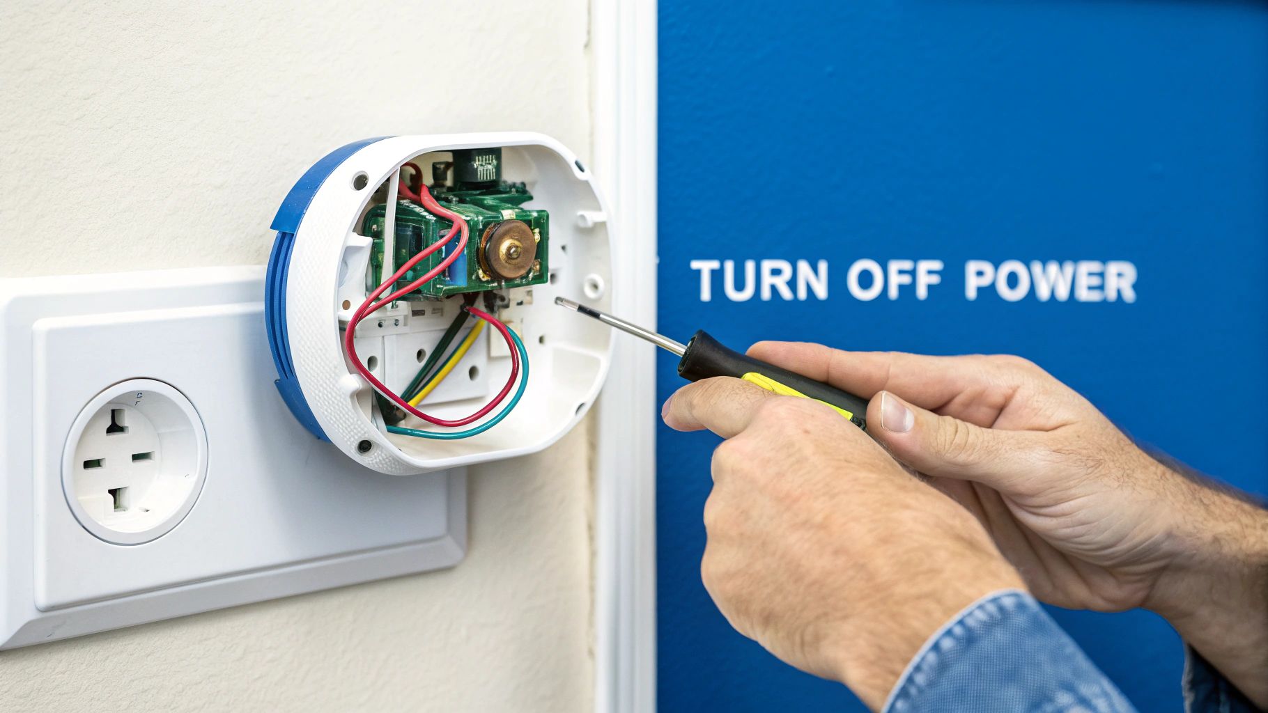 Hands working on a wall-mounted device's wiring with a screwdriver, near an outlet and 'TURN OFF POWER' sign.