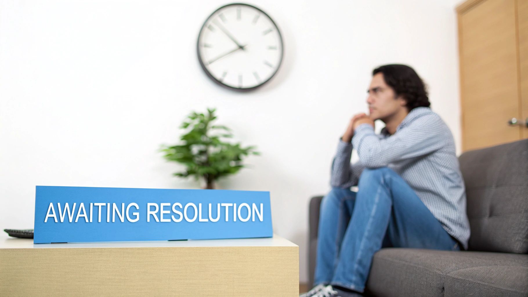 A pensive man on a couch with a sign reading 'AWAITING RESOLUTION,' symbolizing legal delays.