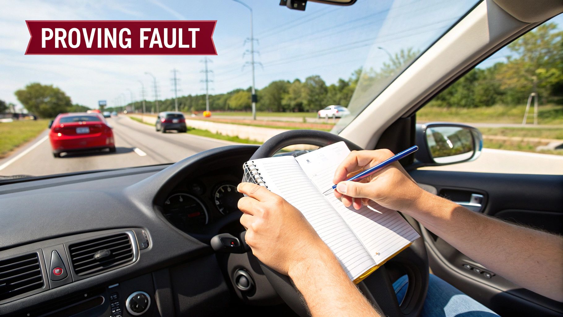 Person in a car writing notes in a notebook, with 'PROVING FAULT' banner overhead.