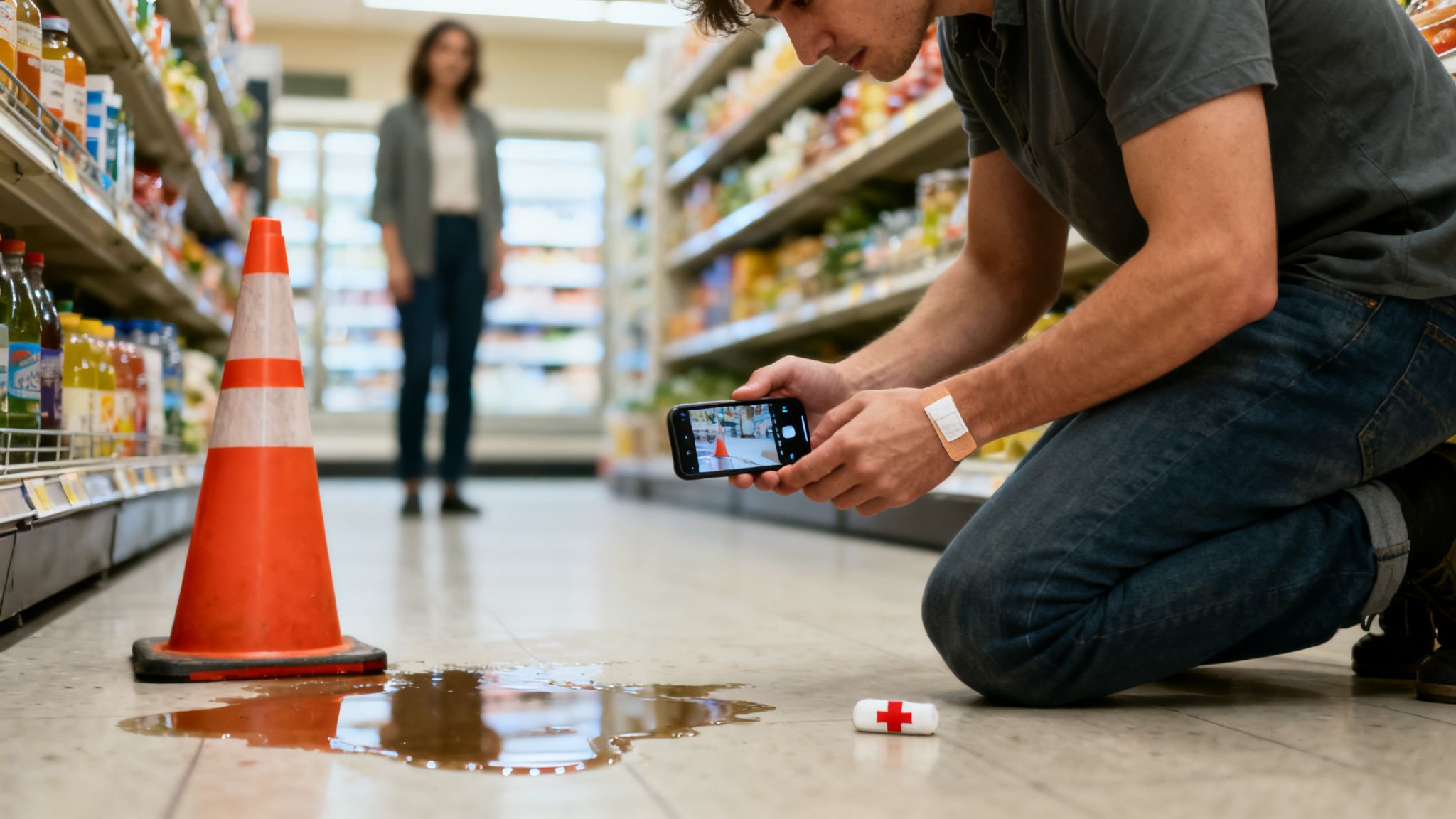 Man kneels by a spill in a grocery store, taking a photo with his phone, an orange cone marks the area.