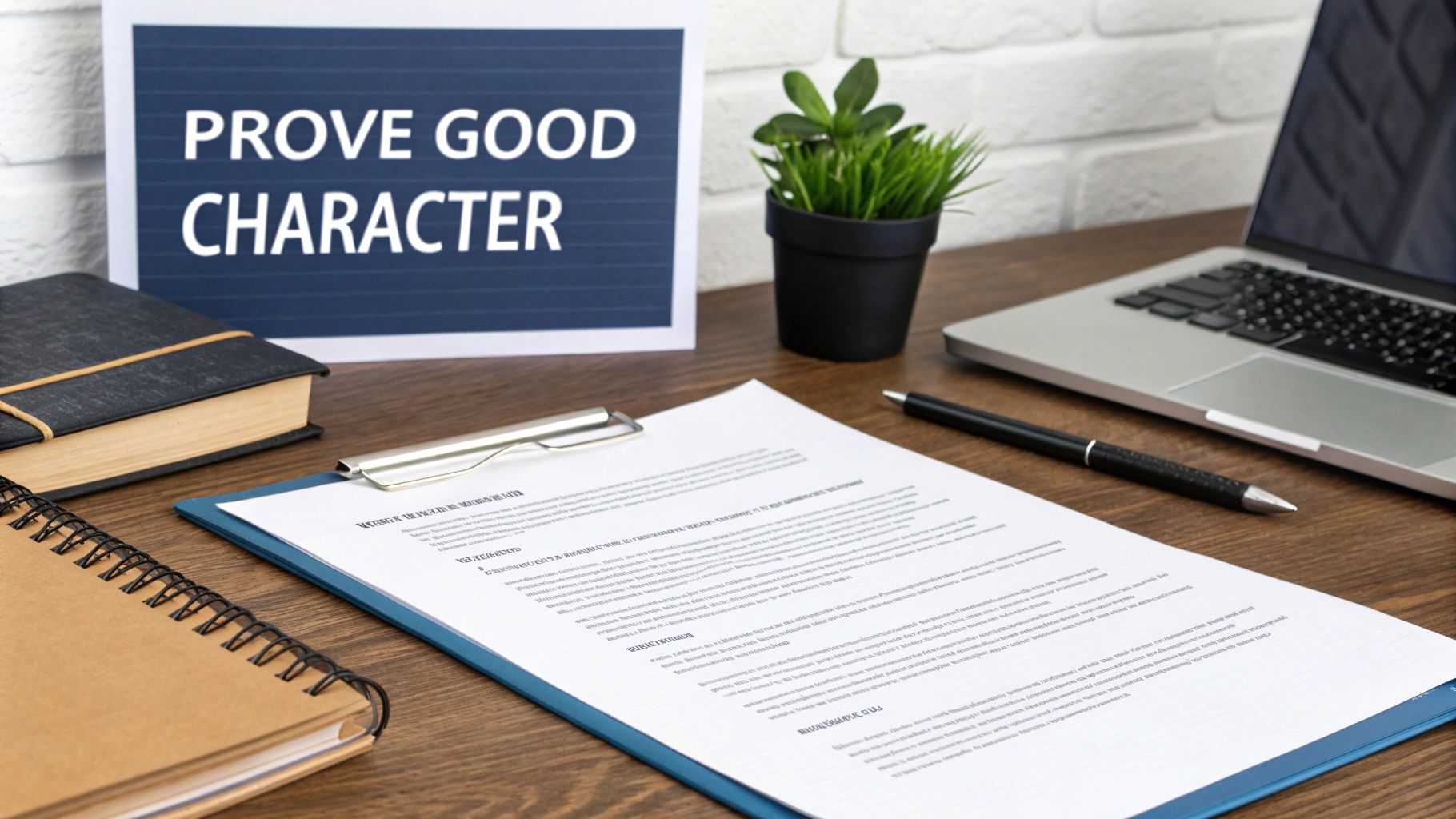 A close-up of a desk with a sign 'PROVE GOOD CHARACTER', a laptop, documents, and a plant.