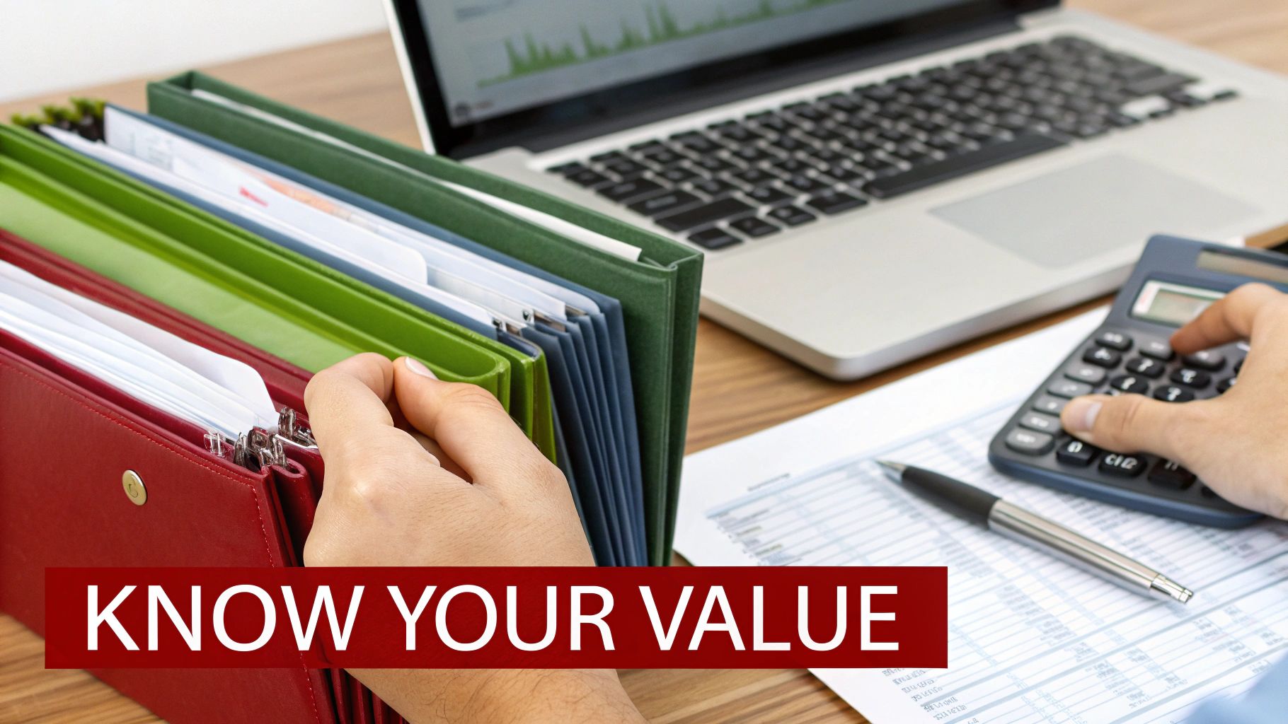 A person's hands organizing financial binders and using a calculator, with a laptop displaying a graph.