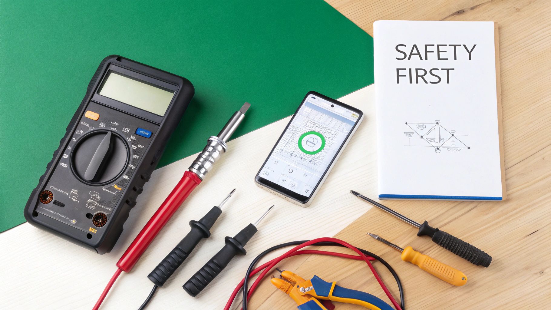 A multimeter, screwdrivers, and pliers with a smartphone and 'SAFETY FIRST' notebook for electrical work.