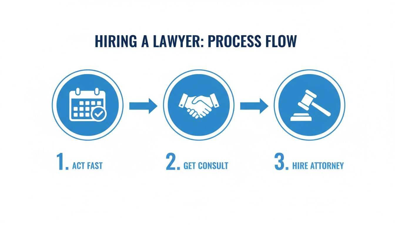 A process flow diagram outlines three steps to hiring a lawyer: Act Fast, Get Consult, Hire Attorney.