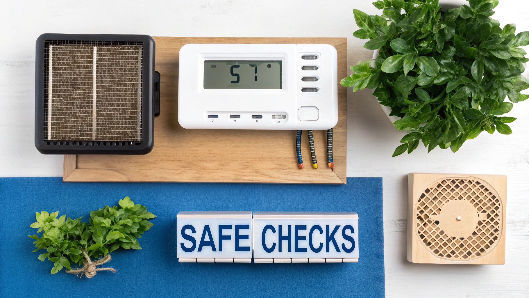 Overhead flat lay of home safety items including a thermostat, air filter, and 'SAFE CHECKS' blocks.