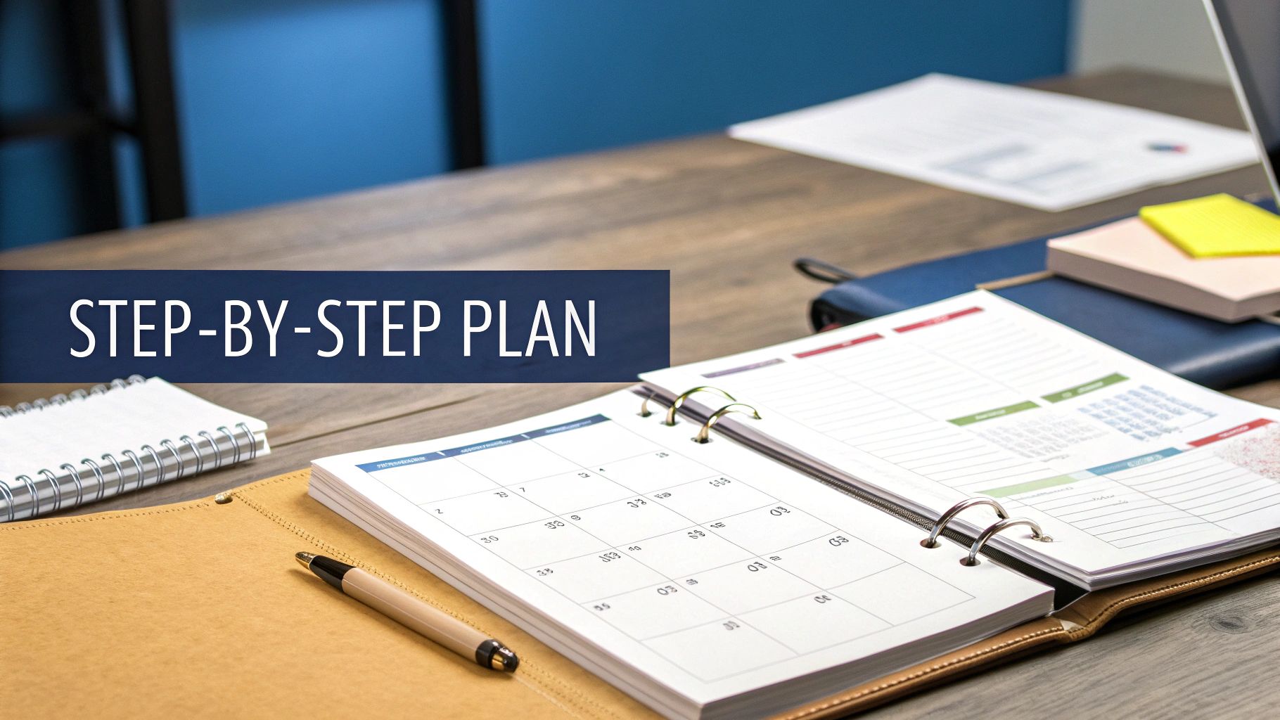 A desk with an open calendar planner, pen, and notebook, overlaid with a 'STEP-BY-STEP PLAN' banner.