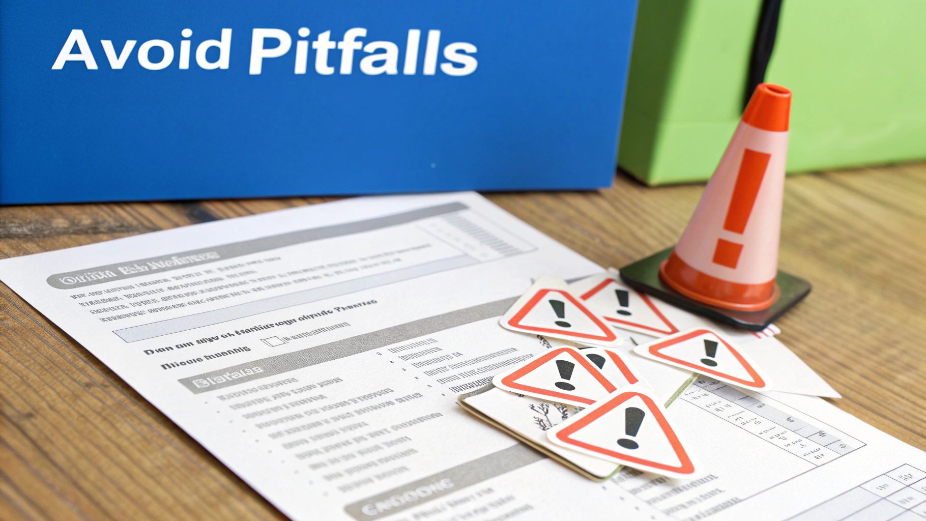 A desk with a blue box titled 'Avoid Pitfalls', documents, warning signs, and a mini traffic cone.