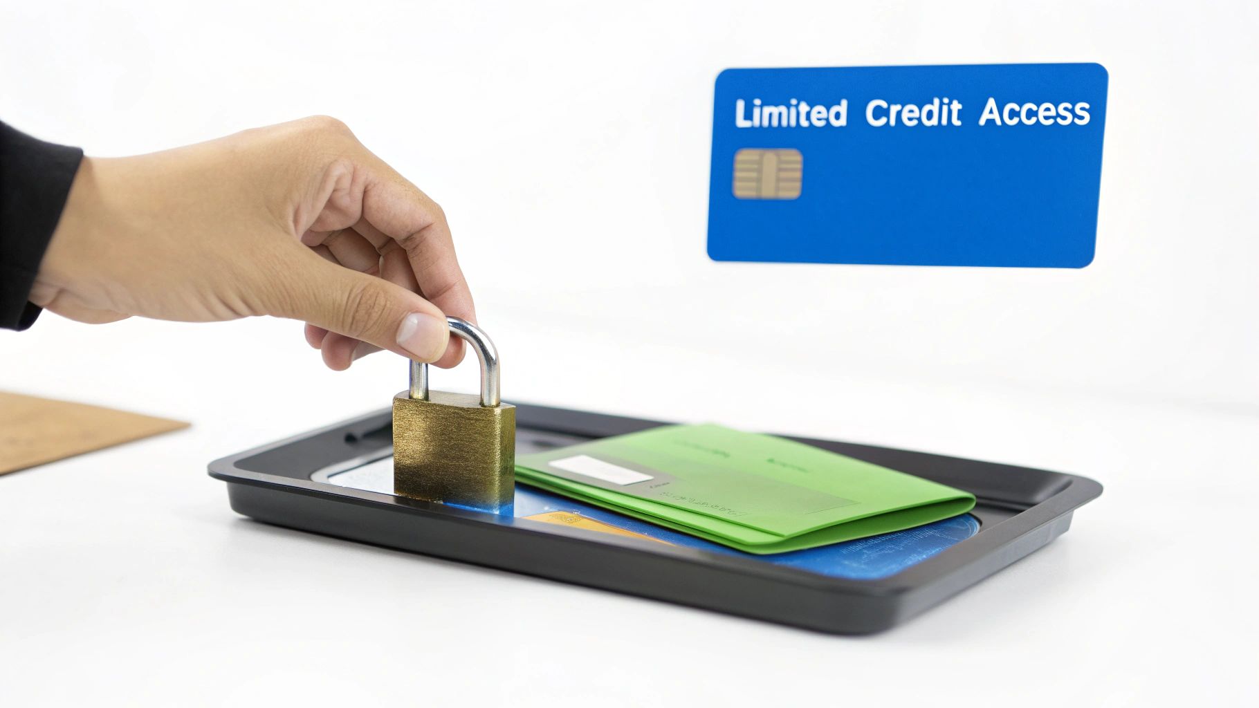 A hand places a padlock onto a tray, with a credit card labeled 'Limited Credit Access' in the background.