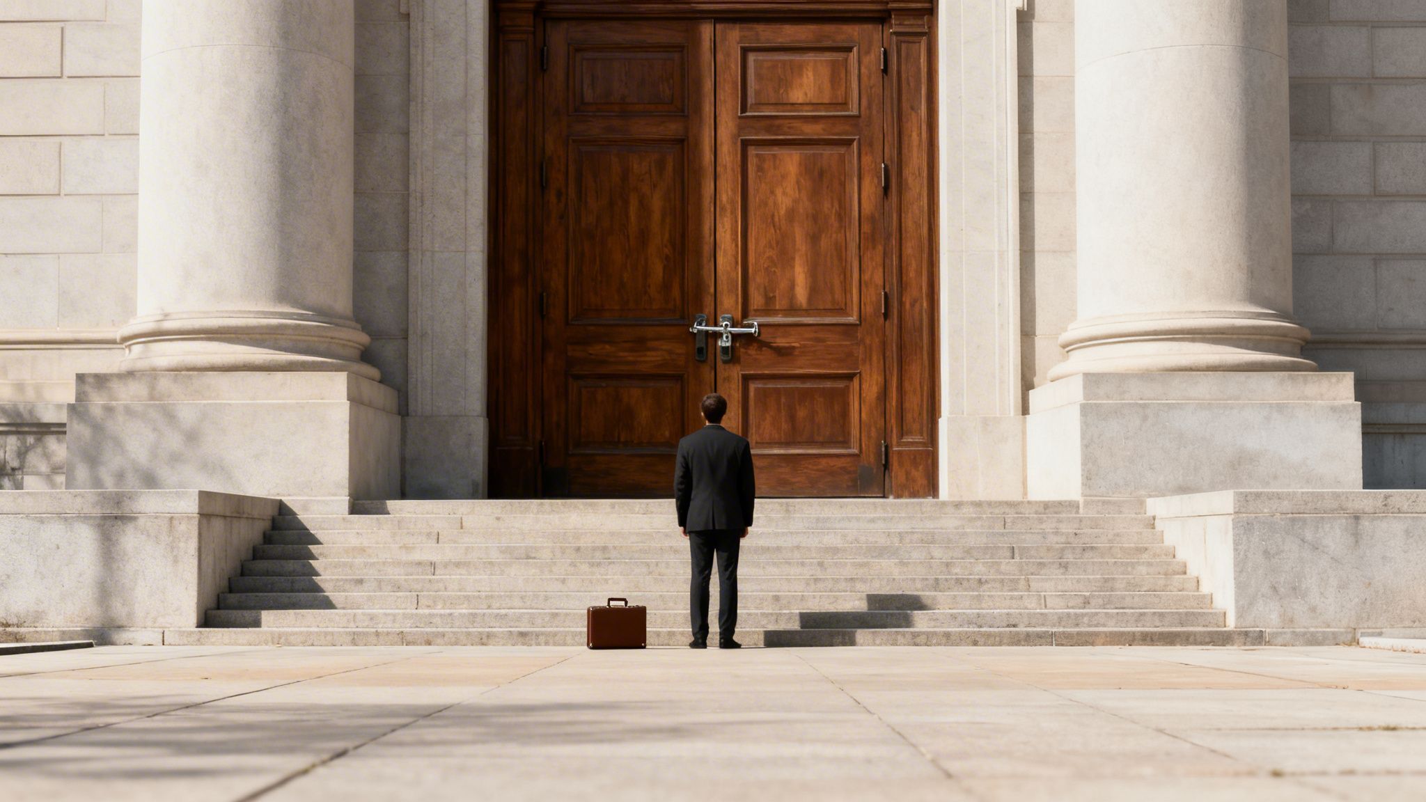 A man in a suit stands before large, locked wooden doors of a grand building, briefcase nearby.