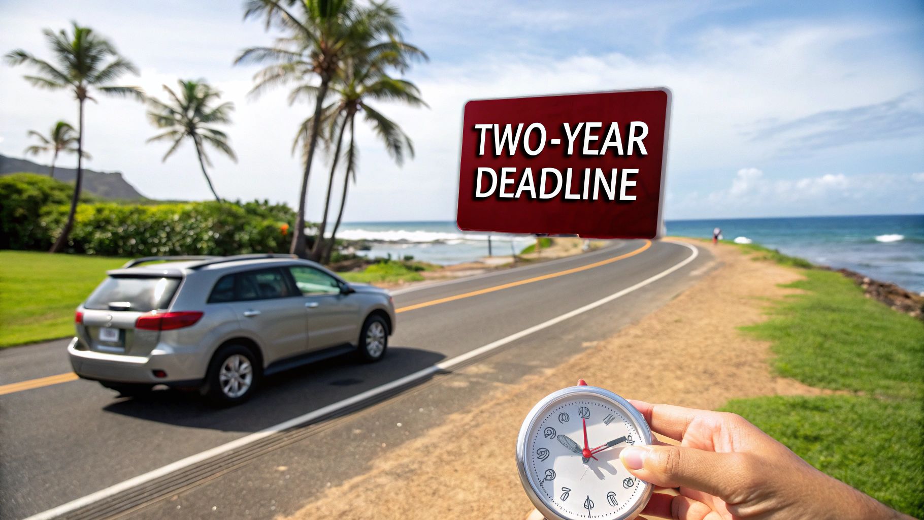 A hand holds a timer in front of a coastal road with an SUV, palm trees, ocean, and a 'TWO-YEAR DEADLINE' sign.