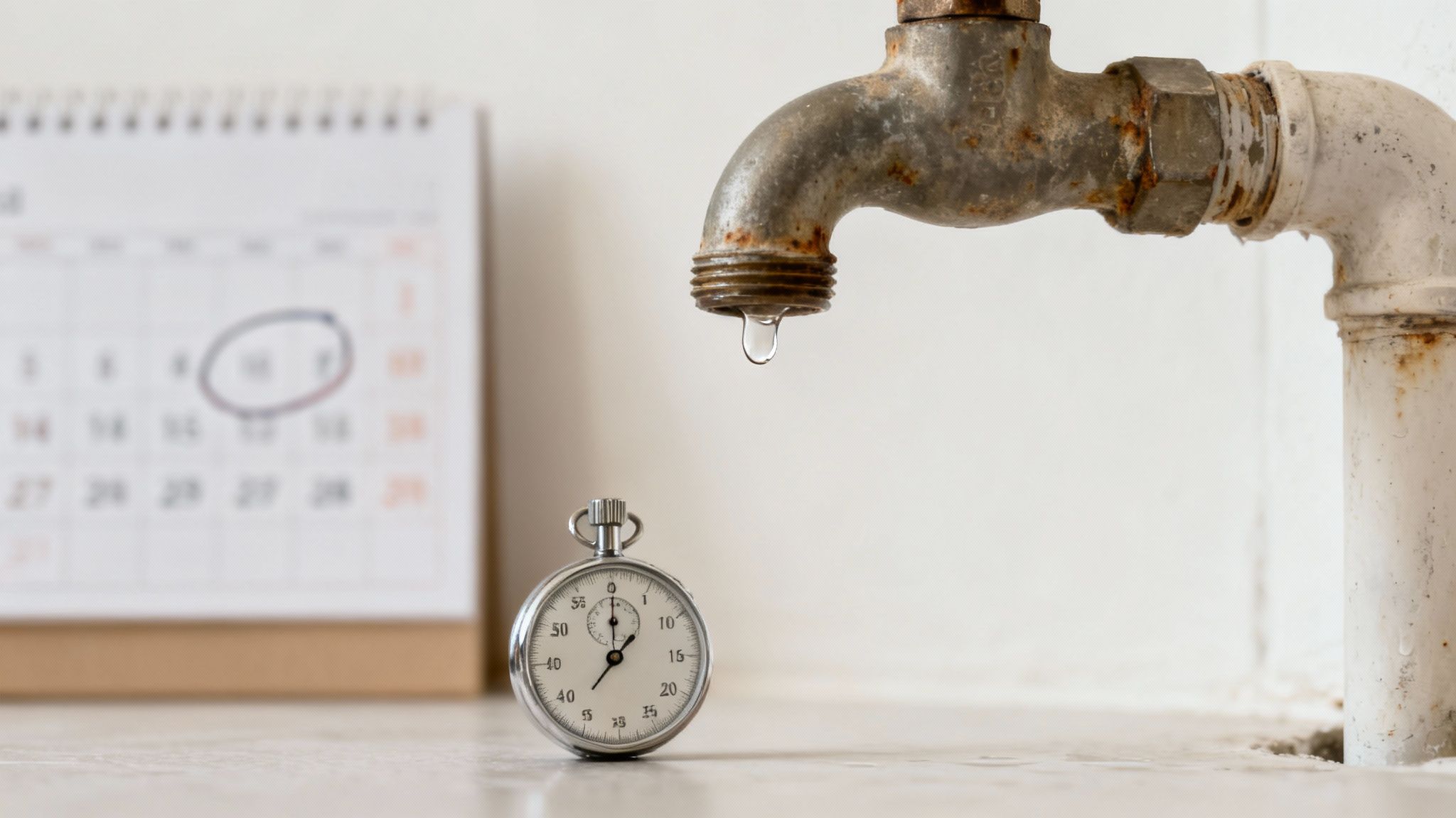 A rusty water faucet drips a single drop, with a stopwatch and a calendar showing a circled date in the background.