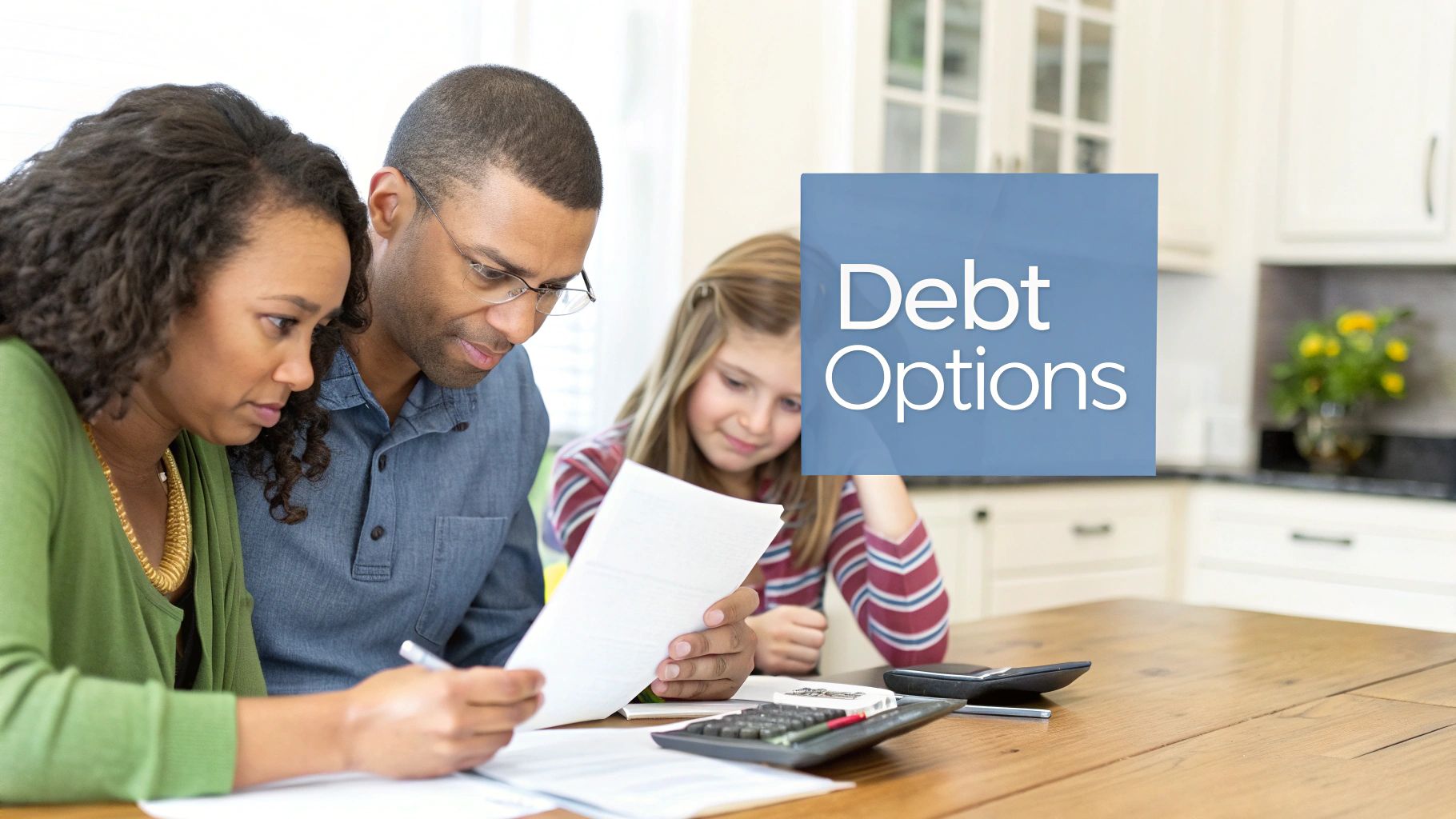 A diverse family, parents and child, review documents and a calculator at a kitchen table, with 'Debt Options' overlay.