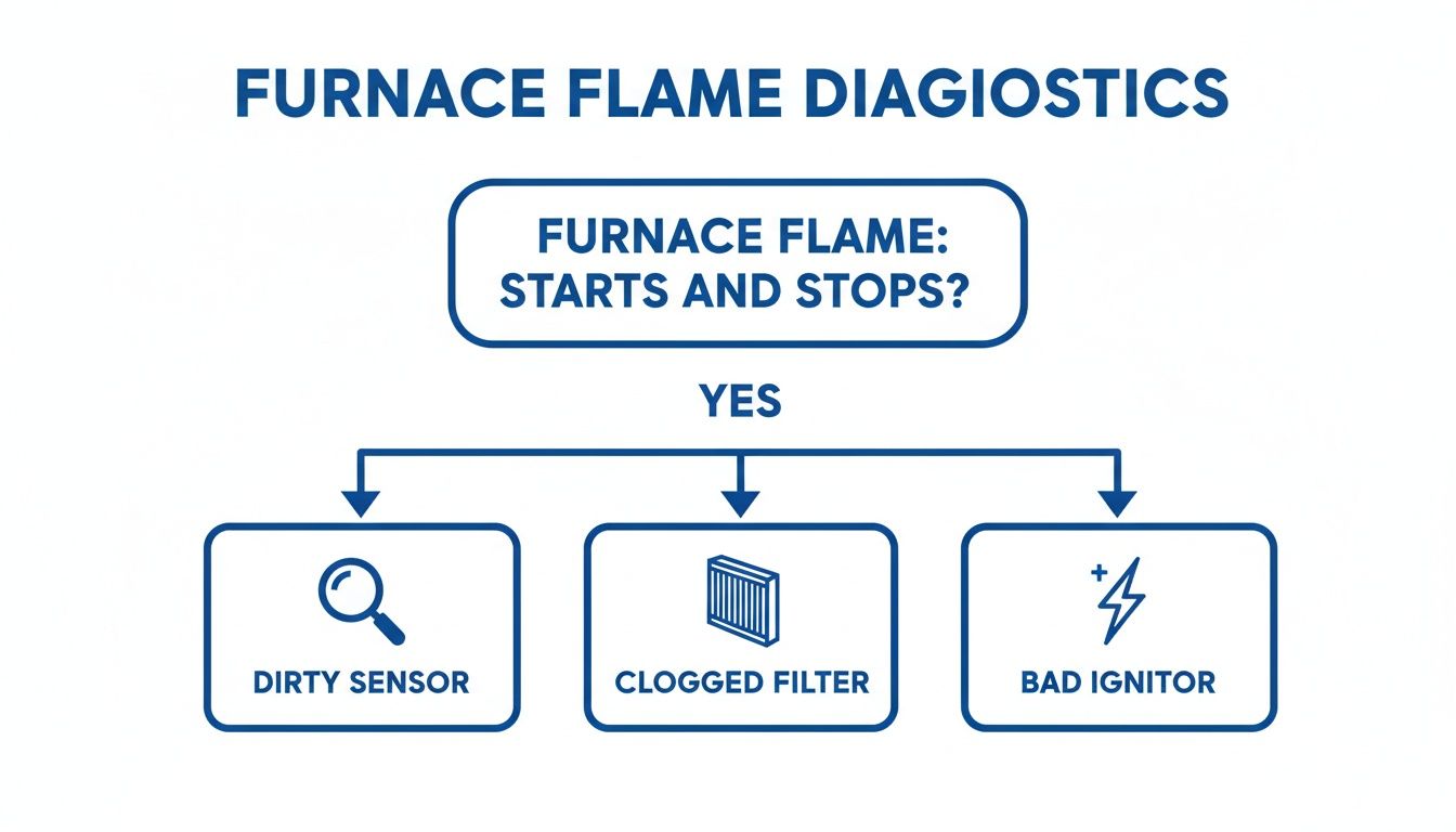 A diagnostic flowchart for furnace flame issues, showing common reasons why a flame starts and stops.