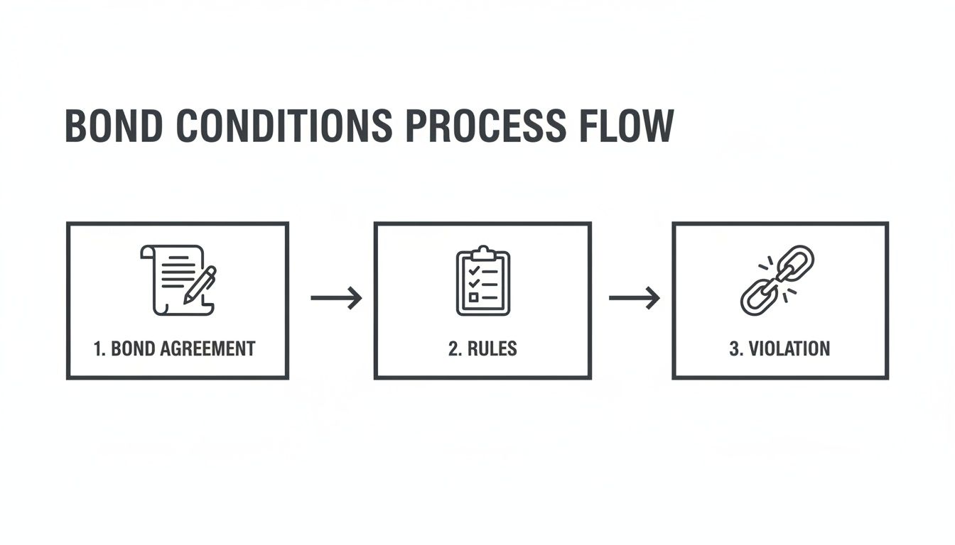 Flowchart illustrating the bond conditions process from agreement and rules to potential violation.