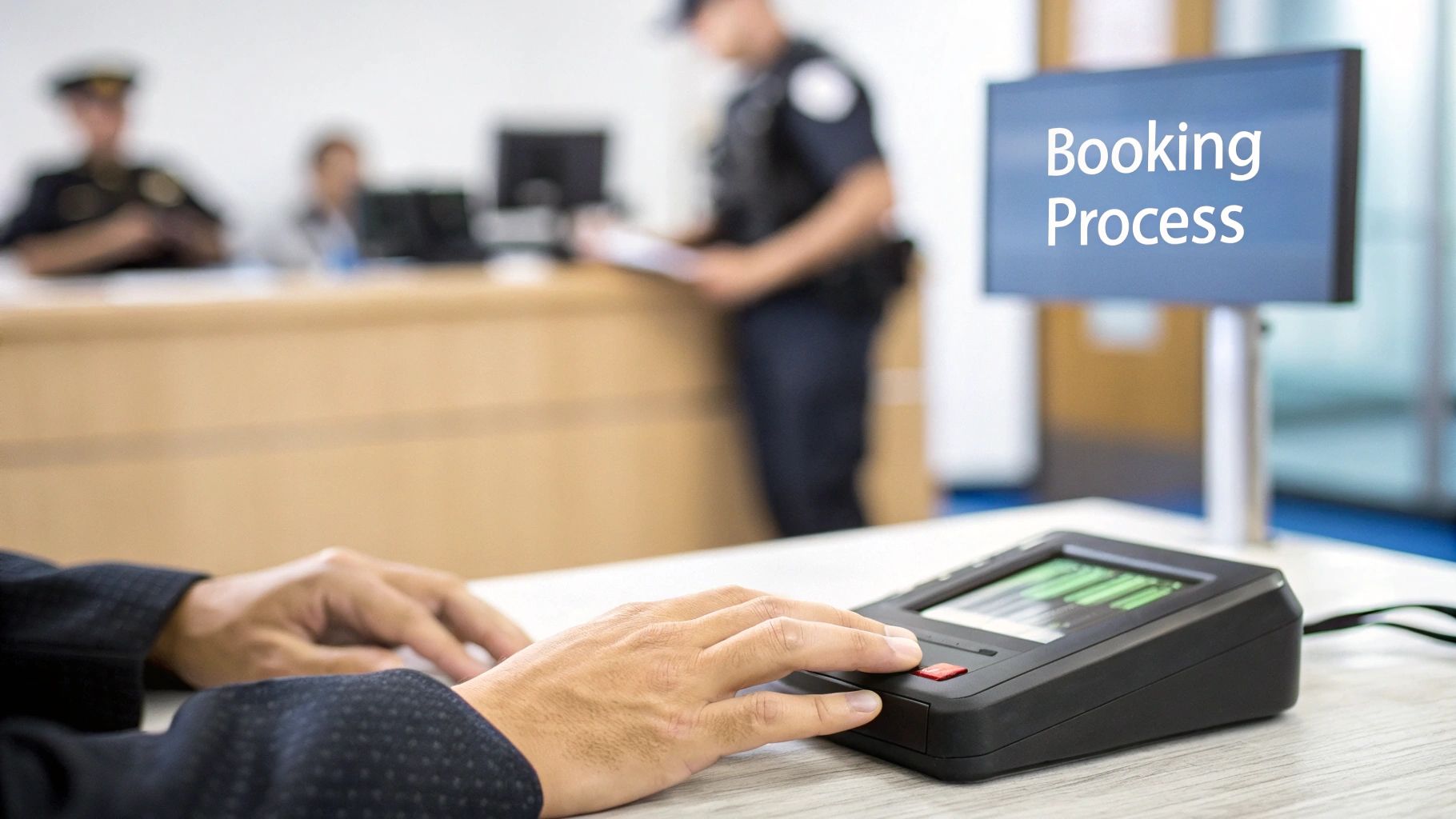 A person's hands are placed on a biometric scanner, with a 'Booking Process' screen and officers in the background.