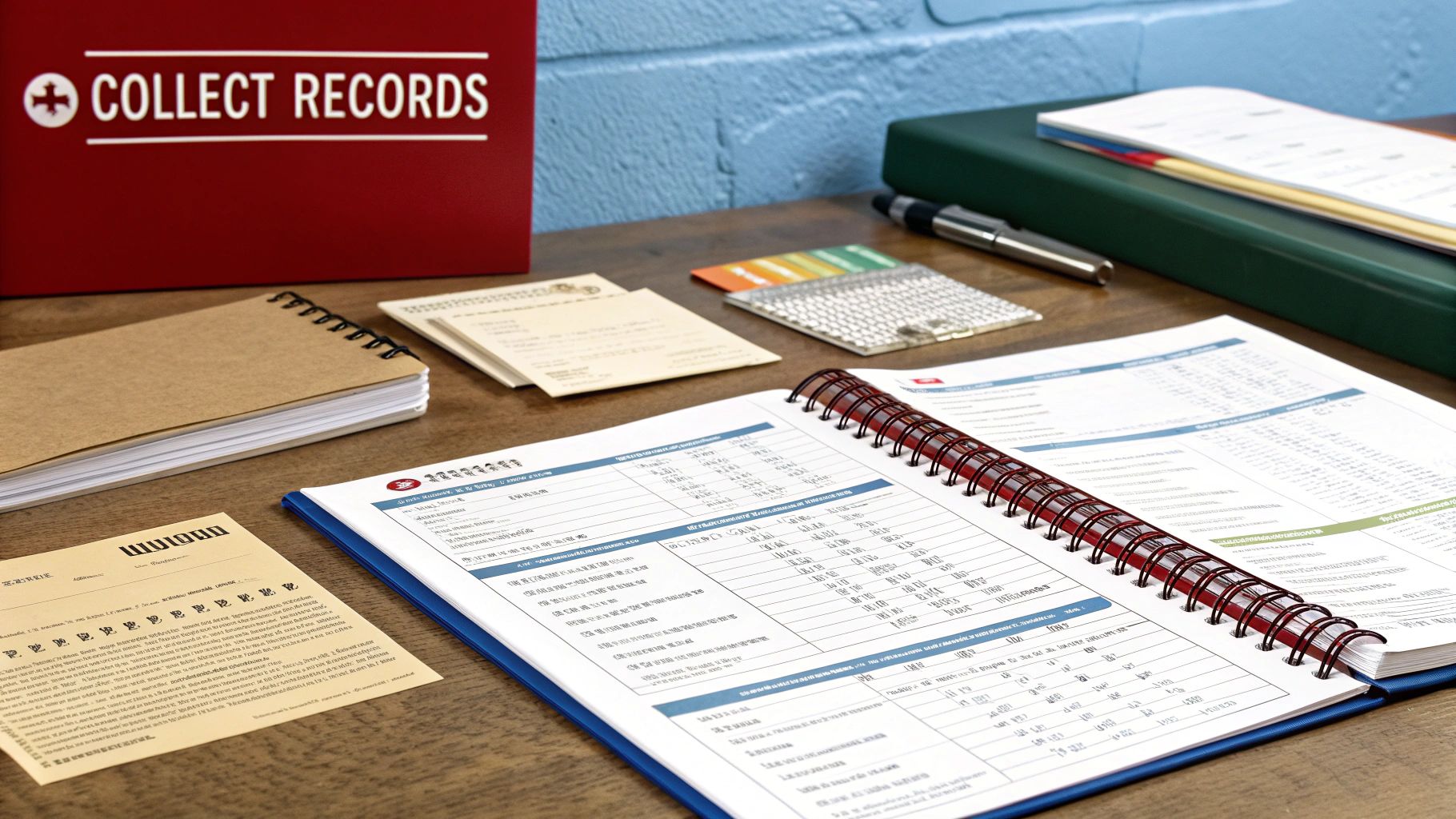 A desk with a red 'COLLECT RECORDS' box, an open notebook, various papers, and a green binder.