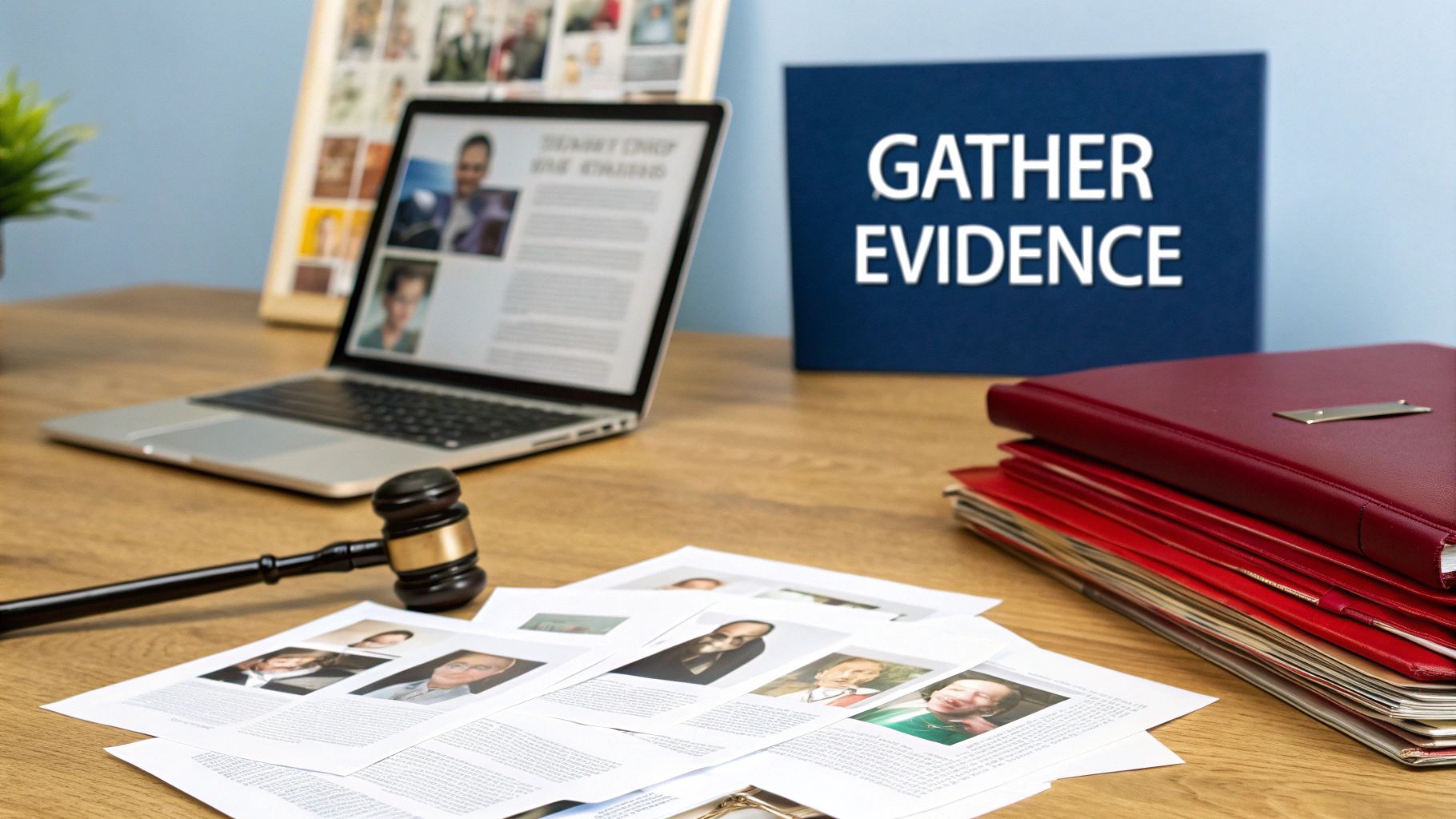 A legal desk setup featuring a 'GATHER EVIDENCE' sign, gavel, laptop, and scattered documents.