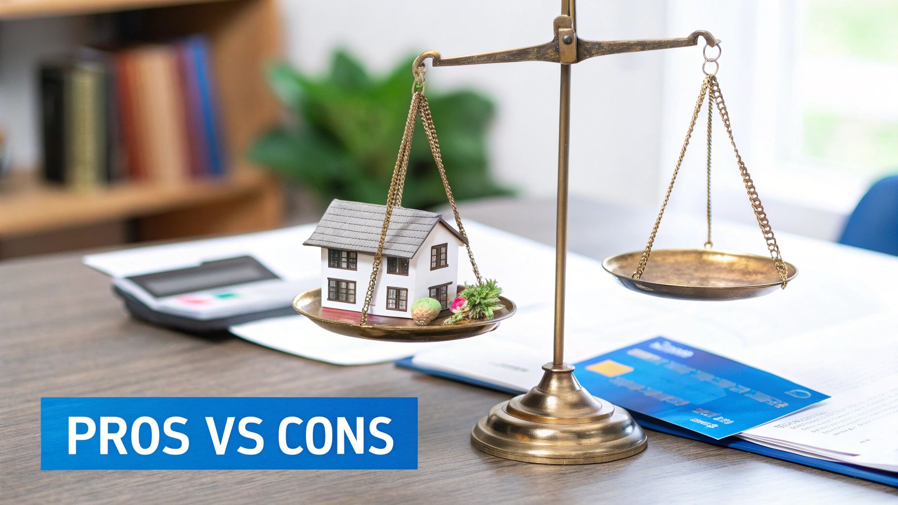 A miniature house on a balance scale with a credit card, representing financial decisions and weighing pros versus cons for home equity.